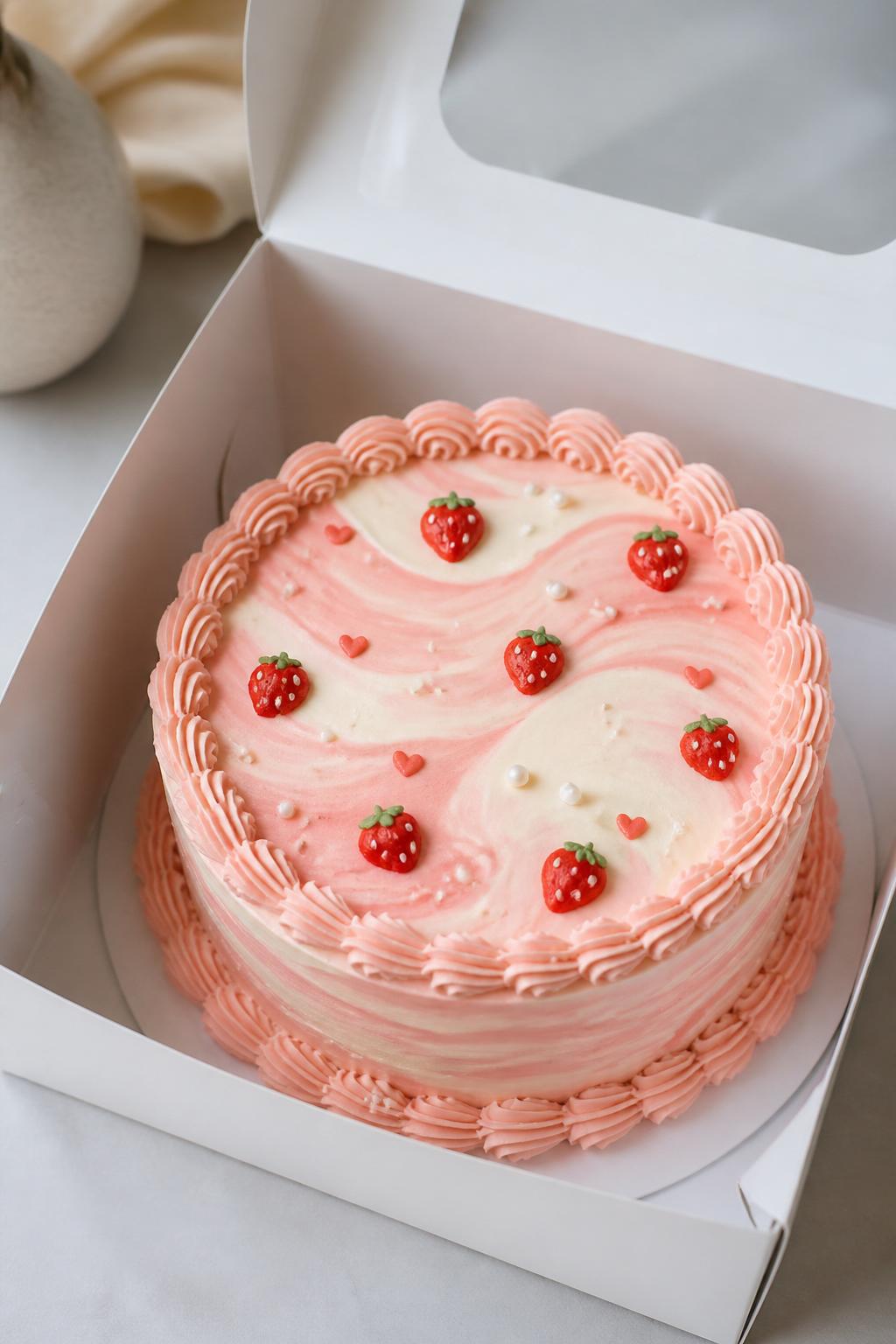 Image Prompt:
A stylish strawberry marble bento cake inside an open white cake box, smooth buttercream frosting with soft pink and cream marble swirls, tiny strawberry accents, neat border, modern elegant styling, clean soft background, realistic close-up bakery photography, no people, no hands, no faces, no watermarks on images