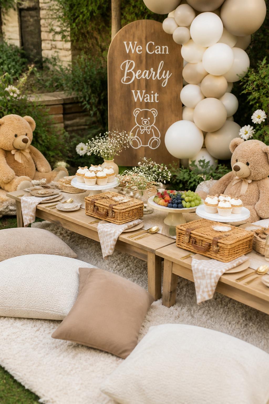 Image Prompt:
A realistic single-image teddy bear picnic baby shower setup, low picnic tables on a soft cream rug, beige cushions, woven picnic baskets, plush teddy bears seated around the setup, small cake stands with cupcakes and fruit, neutral gingham napkins, cream and tan balloon cluster, wooden sign reading “We Can Bearly Wait,” outdoor garden setting, no people, no faces, soft daylight, editorial picnic party decor photography, realistic cozy textures, no watermarks on images