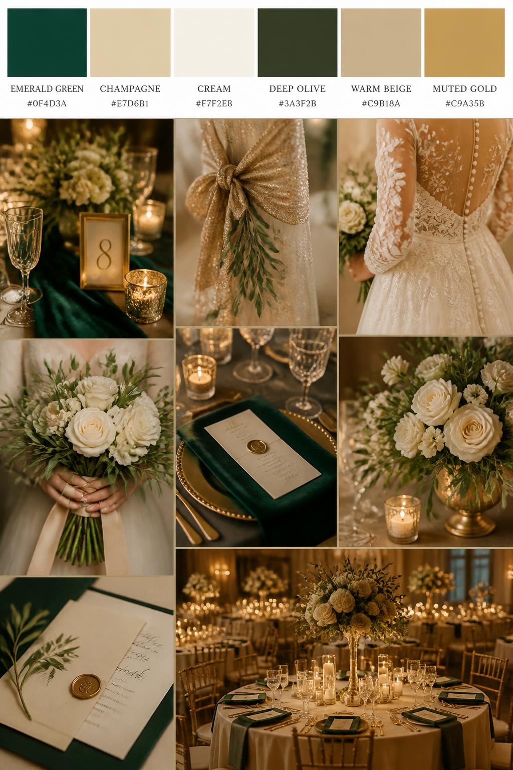 A realistic wedding palette board featuring a top row of color swatches and hex codes in emerald green, champagne, cream, deep olive, warm beige, and muted gold. Below, show a warm collage of wedding visuals: emerald velvet accents, champagne details, cream flowers, candlelit centerpieces, cropped dress detail shots, bouquet styling in hands-only composition, and no-people reception tables glowing in warm light. Avoid showing faces by using back angles, side crops, waist-up detail framing, and no-people scenes. The collage should feel rich, elegant, and romantic with DSLR-quality detail. 9:16 vertical format. (no watermarks on images)