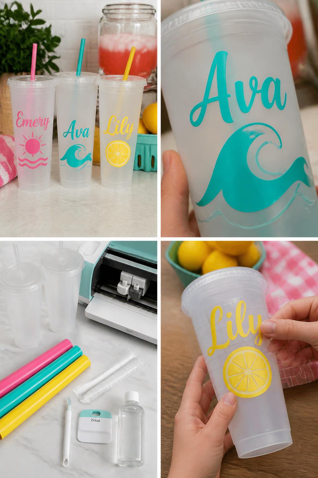 Detailed Image Prompt:
A realistic editorial 2x2 collage grid showing beginner Cricut cold cup decals, top-left finished reusable cold cups with simple vinyl names, suns, waves, and lemon slices, top-right close-up of permanent vinyl applied smoothly to a plastic cup, bottom-left flat lay of blank cold cups, permanent vinyl, transfer tape, Cricut machine, scraper, weeding tool, and rubbing alcohol, bottom-right cropped hands applying vinyl to a cup with transfer tape, cheerful summer drink station craft setting, no faces, no text except simple vinyl names, no watermark on images.