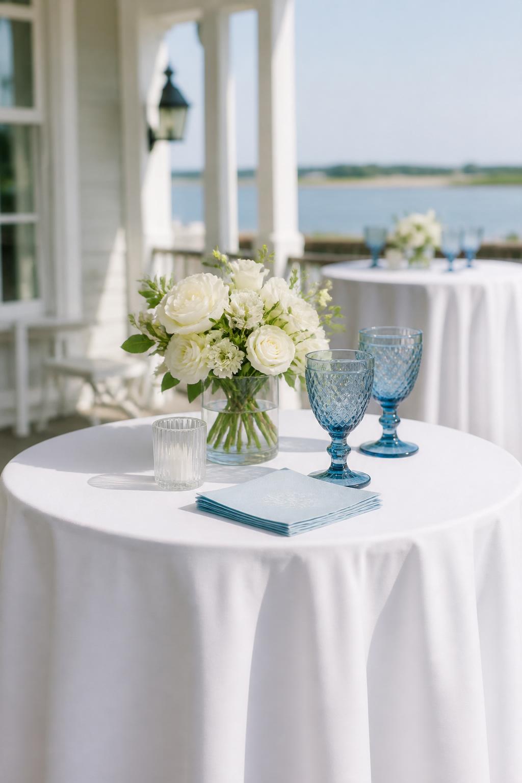 Image Prompt:
A fresh coastal wedding cocktail table styled with white linen, blue-tinted glassware, a small white floral arrangement, pale blue cocktail napkins, and soft natural sunlight. Seaside or beach house reception setting, no visible faces, no text, no watermark, realistic DSLR editorial photography, (no watermarks on images)