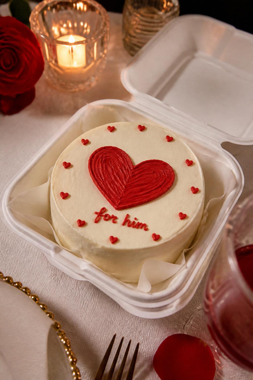 Image Prompt:
A romantic red heart themed bento cake for boyfriend, small round cake in a white bento box, smooth cream frosting with bold red buttercream heart in the center, tiny red piped hearts around the border, short icing text reading “for him,” soft candlelight style, romantic dinner table setup, close-up realistic food photography, no people, no hands, no faces, no watermarks on images