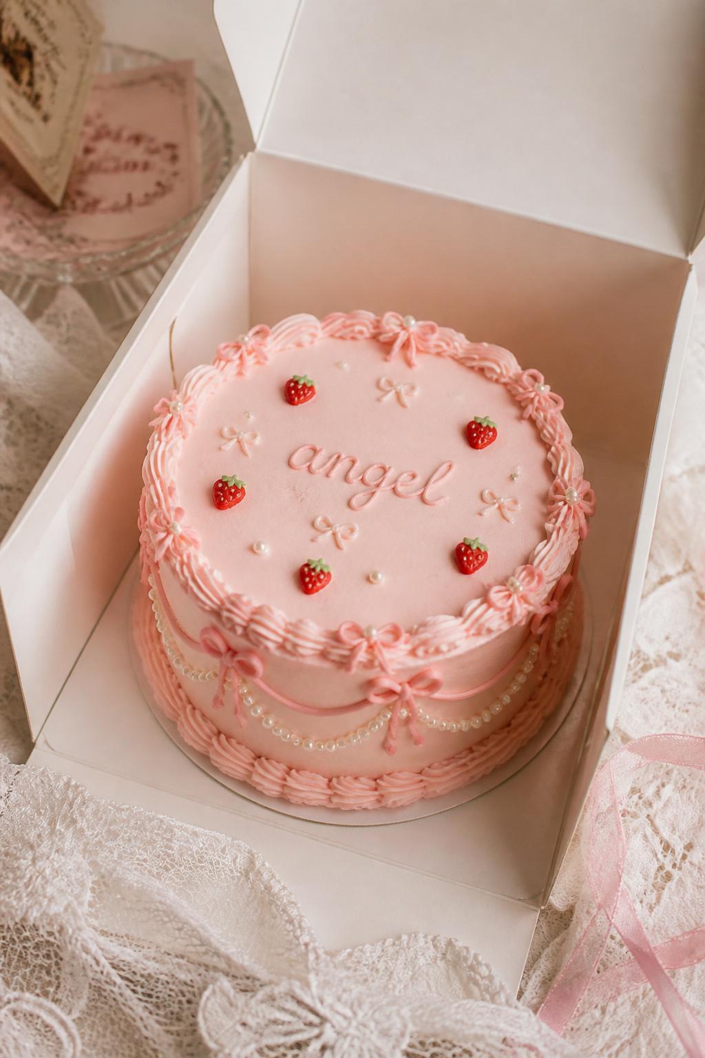 Image Prompt:
A coquette inspired strawberry ribbon bento cake in an open white cake box, pale strawberry pink frosting, tiny ribbon bow details, pearl accents, delicate scalloped border, handwritten icing text reading “angel,” small strawberry decorations, soft lace inspired styling, editorial bakery photography, no people, no hands, no faces, no watermarks on images