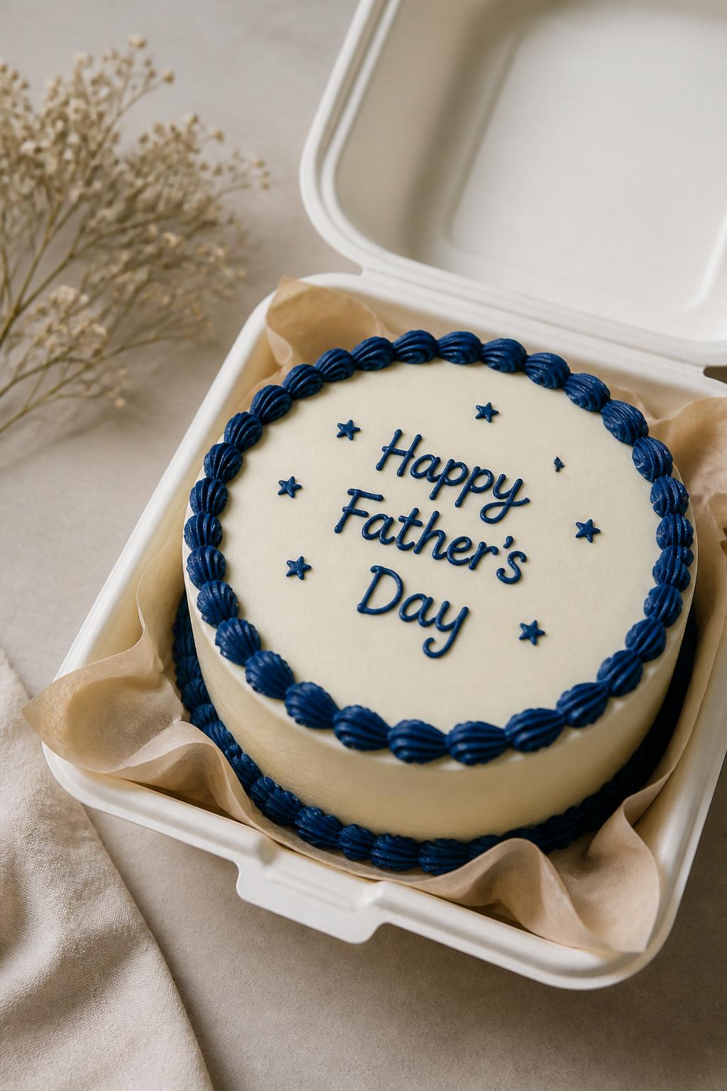 Image Prompt:
A lovely Father’s Day bento cake inside an open white bento cake box, smooth cream buttercream frosting, neat navy blue piped border, simple handwritten icing text reading “Happy Father’s Day,” tiny blue star details, clean modern styling, soft natural light, neutral background, editorial bakery photography, realistic dessert styling, no people, no hands, no faces, no watermarks on images