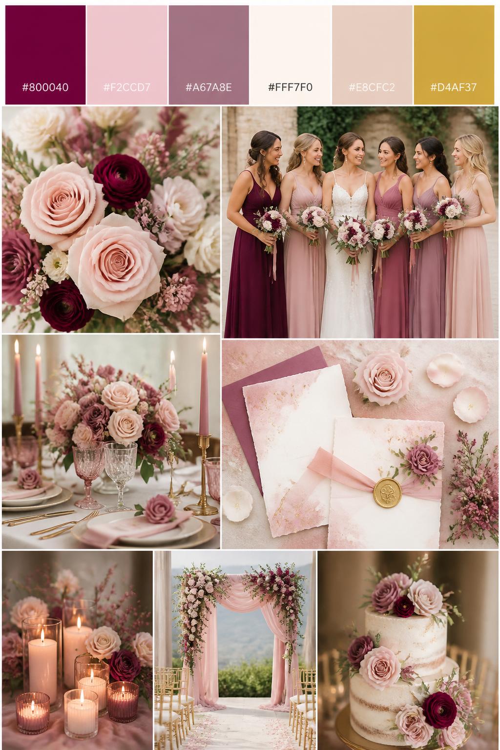 A wedding color palette board in a realistic vertical Pinterest collage style. Add a top band of swatches with hex codes in mulberry, blush pink, mauve, ivory, warm nude, and soft gold. In the collage below, include blush-toned wedding flowers with mulberry accents, bridesmaid dresses in mixed mulberry and blush tones, romantic table decor, pretty invitation suites, soft candlelight, and a ceremony setup with delicate florals. The mood should feel sweet, romantic, and feminine, photographed in clean DSLR quality. 9:16 vertical format. No extra text except small hex codes on the palette strip. (no watermarks on images)