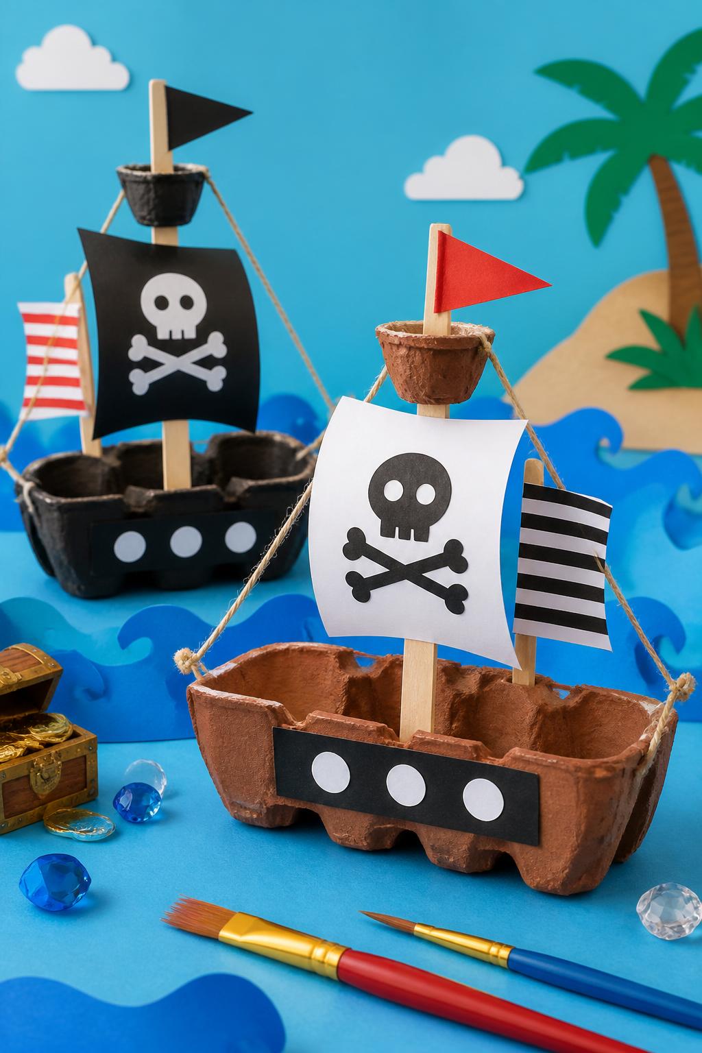 Detailed Image Prompt:
A fun kids’ pirate craft photo showing egg carton pirate ships, egg cartons painted brown and black with paper sails, skull-style symbol shapes without scary details, craft stick masts, yarn rope, and small paper flags, placed on a blue paper ocean background with paintbrushes nearby, bright summer craft styling, no children, no faces, no readable text, no watermark on images.