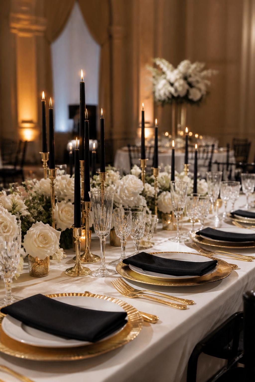 Image Prompt:
A formal wedding table photo showing gold chargers, black taper candles, white flowers, white plates, crystal glasses, gold flatware, and crisp white linen. Elegant ballroom or hotel reception setting, no visible faces, no text, no watermark, realistic DSLR editorial photography, (no watermarks on images)