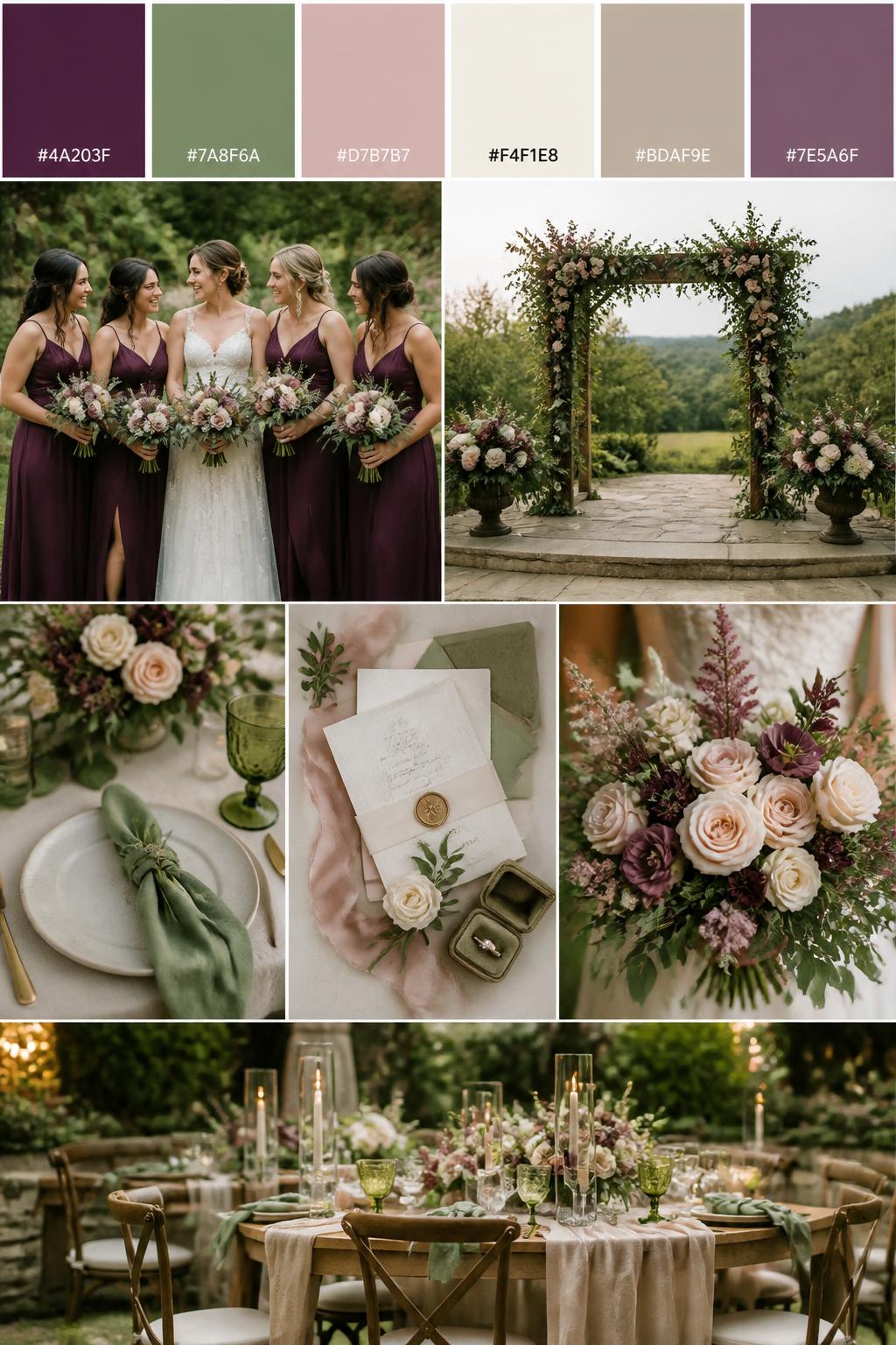 Create a realistic wedding palette mood board with a color strip at the top showing swatches and hex codes in mulberry, sage green, dusty blush, cream, stone beige, and soft plum. Below, show a well-styled collage of wedding visuals: mulberry bridesmaid dresses, sage green napkins or table accents, organic floral arrangements with greenery, a natural ceremony arch, elegant invitation styling, a bouquet with soft roses and foliage, and a simple reception table with a romantic garden feel. Use clean composition, natural tones, and DSLR-realistic detail. 9:16 vertical format. No extra text except small hex codes on the palette strip. (no watermarks on images)
