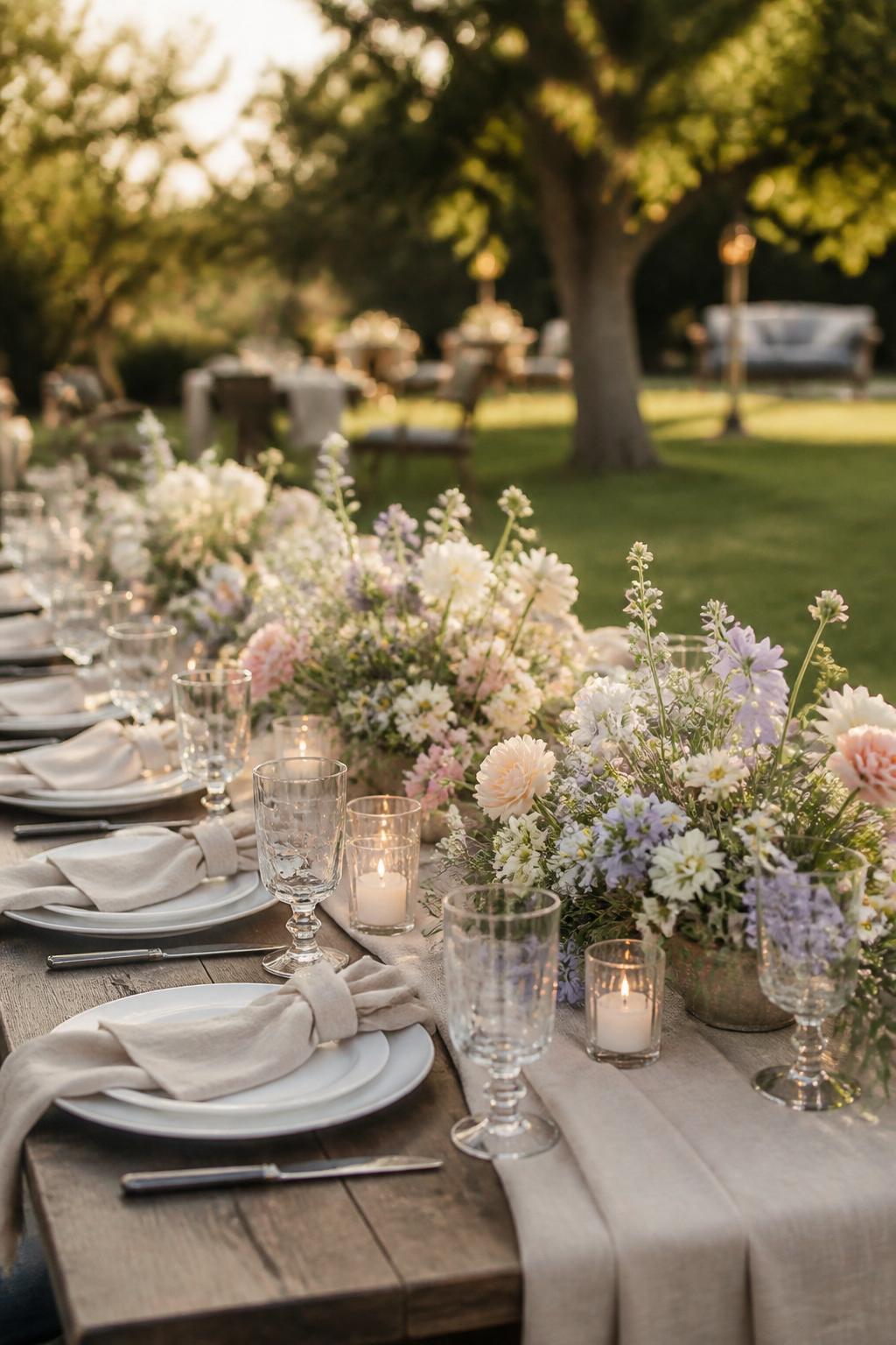 Image Prompt:
A classy outdoor wedding picnic table decorated with low wildflower centerpieces in white, pale yellow, blush, lavender, and soft blue. Add natural linen napkins, white plates, clear glasses, simple candle votives, and a warm garden reception setting. No visible faces, no text, no watermark, realistic editorial wedding photography, (no watermarks on images)