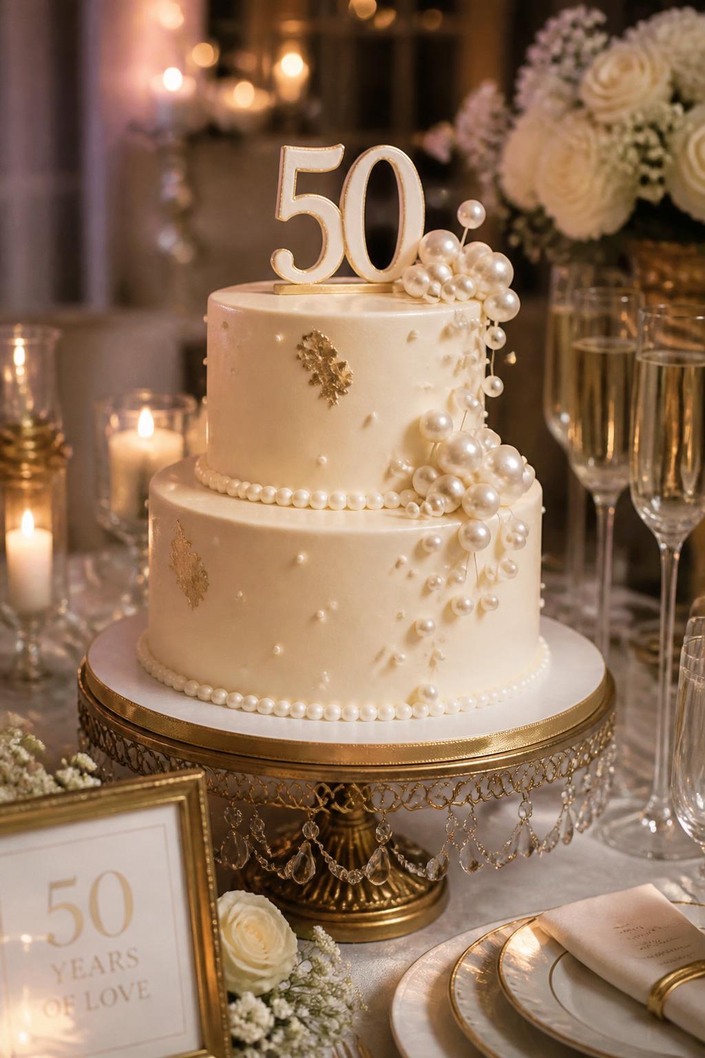 Image Prompt: Ultra-realistic 50th wedding anniversary party photo of a classy pearl and gold anniversary cake with smooth ivory tiers, delicate pearl borders, pearl clusters, and subtle gold trim or gold leaf accents. Place the cake on a refined dessert table with white roses, candles, crystal glassware, champagne flutes, elegant linens, and a softly blurred anniversary celebration backdrop. No visible faces. If people appear, show only cropped hands, side views, back views, or neck-down figures. Realistic pearl shine, smooth icing texture, warm DSLR event lighting, elegant celebration styling. (no watermarks on images)