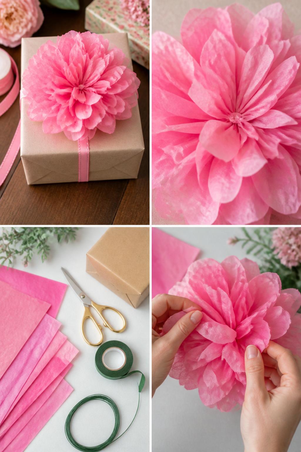Detailed Image Prompt:
A realistic editorial 2x2 collage grid showing a tissue paper flower gift topper, top-left finished wrapped gift with a large pink tissue paper flower on top and simple ribbon, top-right close-up of fluffy tissue petals and center fold, bottom-left flat lay of tissue paper sheets, scissors, floral wire, tape, and wrapped gift box, bottom-right cropped hands fluffing tissue paper petals into a flower shape, cheerful gift wrapping craft setting, no faces, no text, no watermark on images.