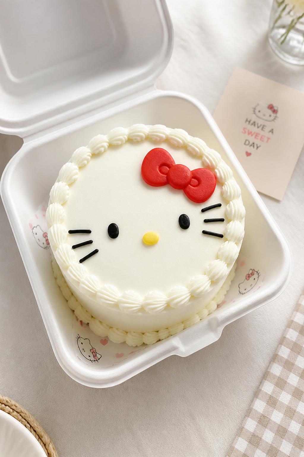 Image Prompt:
A cute Hello Kitty themed bento cake inside an open white bento cake box, smooth white buttercream frosting, classic Hello Kitty face design on top with black whiskers, black eyes, yellow nose, and a red bow, neat piped border, soft pastel styling, realistic editorial bakery photography, bright natural light, no people, no hands, no faces, no watermarks on images