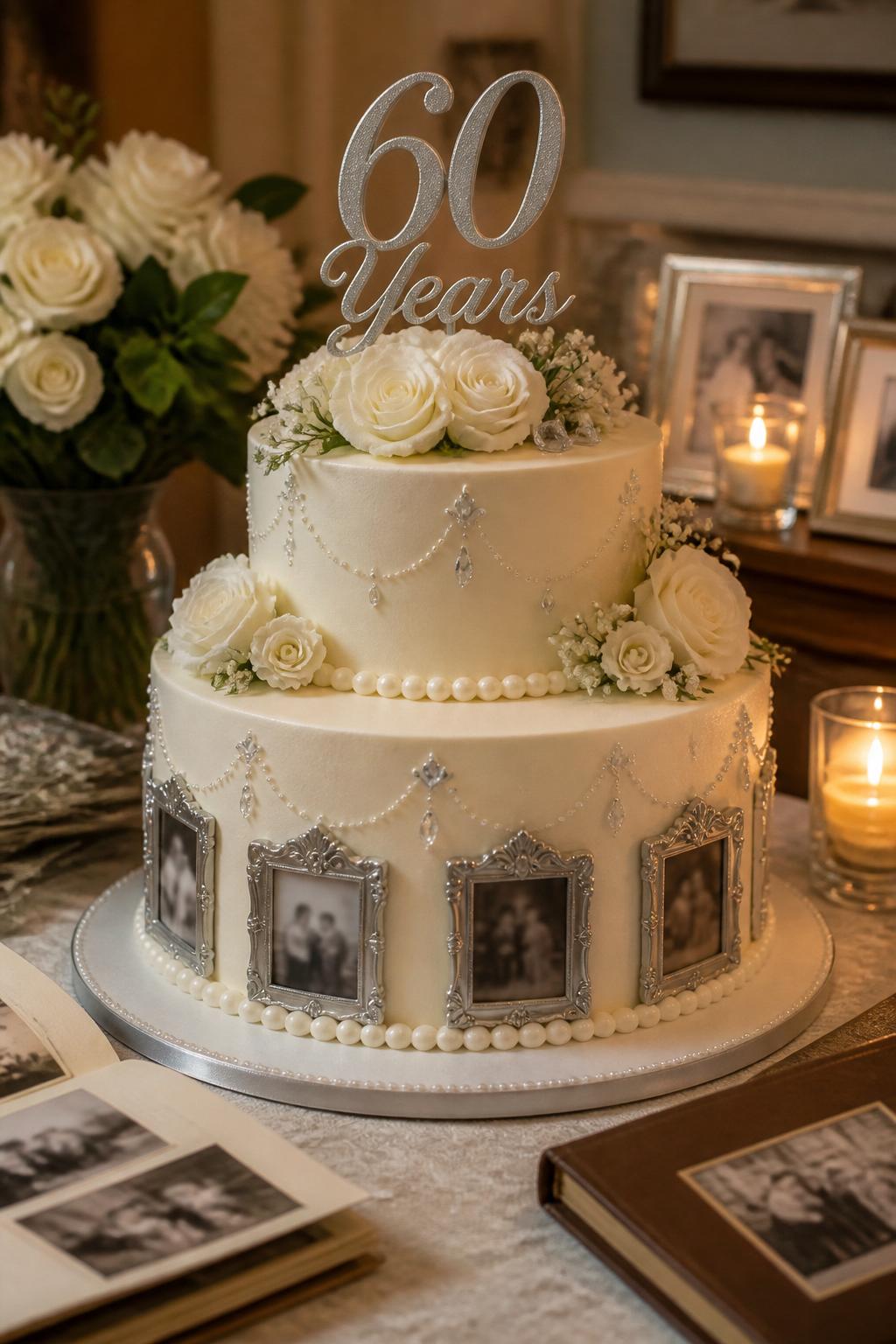 Image Prompt: A sentimental diamond wedding anniversary cake with smooth ivory buttercream, small edible silver photo-frame details around the lower tier, pearl borders, white roses, tiny crystal accents, and a tasteful “60 Years” topper. Style it on a warm family dessert table with photo albums, candles, and white flowers. Make the photo details softly blurred with no clear visible faces, realistic, emotional, no people, no faces, no watermark. (no watermarks on images)