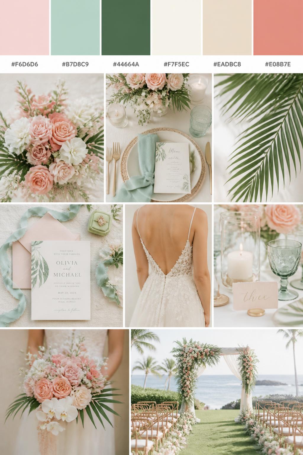 A realistic wedding color scheme mood board with a top swatch strip and small hex codes in blush pink, seafoam, palm green, ivory, soft sand, and muted coral. Below, create a soft tropical collage of blush flowers, seafoam ribbon or glassware, palm leaf details, ivory table decor, invitation styling, hands holding a bouquet, a back-view bridal detail, and a soft outdoor ceremony scene. Use no clear faces and mix detail shots with no-people decor images for variety. The mood should feel airy, romantic, tropical, and elegant with soft natural light and DSLR-style realism. 9:16 vertical format. (no watermarks on images)