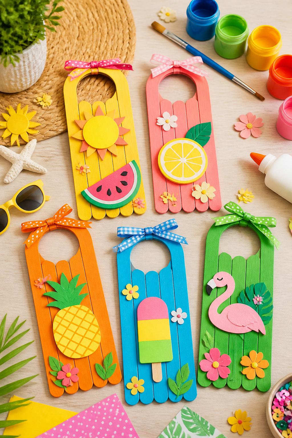 Detailed Image Prompt:
A cheerful kids’ summer craft photo showing handmade popsicle stick door hangers, colorful craft sticks painted in yellow, pink, orange, blue, and green, decorated with paper suns, fruit slices, flowers, ribbons, and stickers, arranged on a clean craft table with paint pots and glue nearby, fresh summer room decor style, no people, no faces, no readable text, no watermark on images.