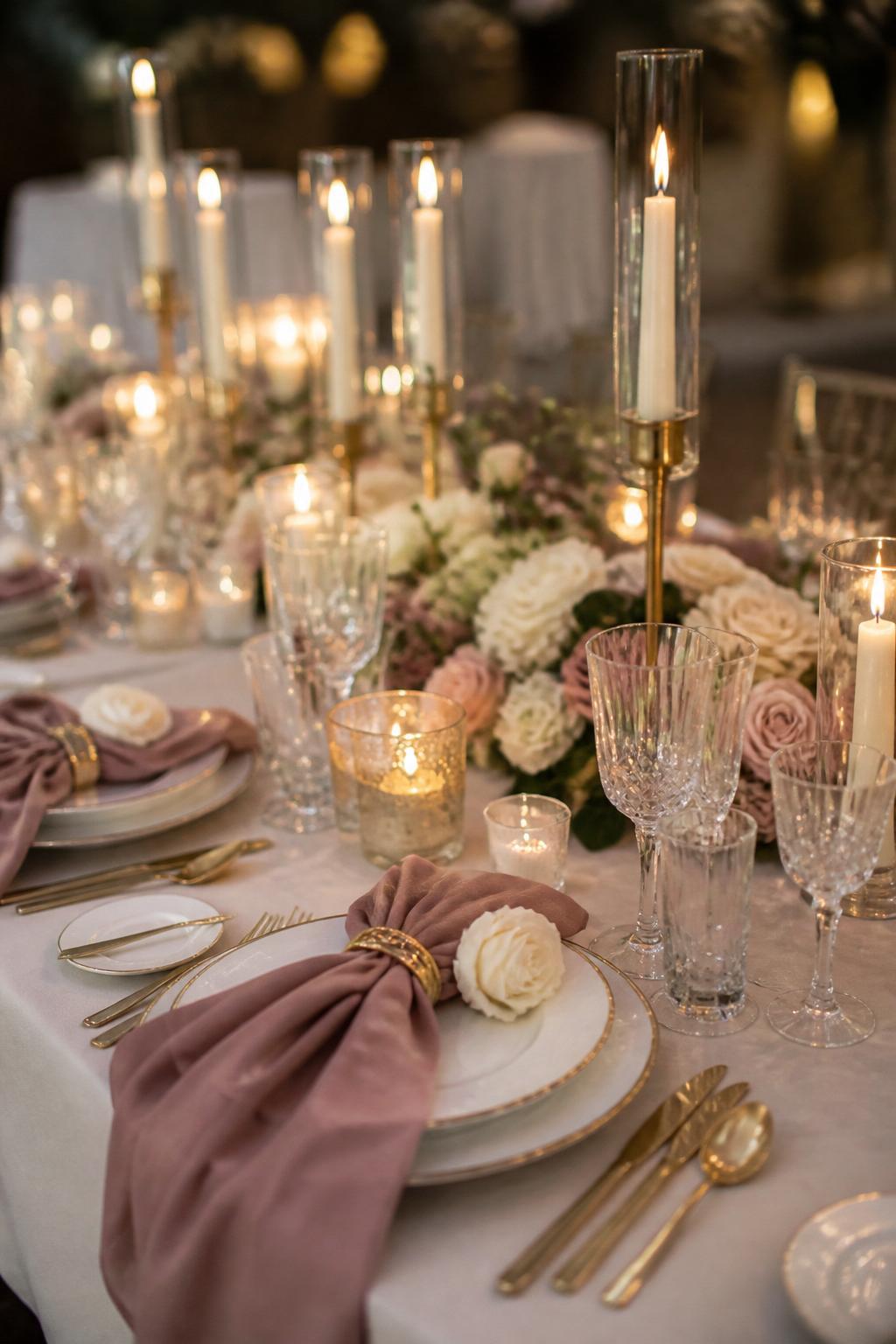Image Prompt:
A romantic wedding reception table styled with mauve linen napkins, ivory flowers, blush roses, white plates, gold flatware, clear crystal glasses, and warm candlelight. Elegant indoor or garden reception setting, no visible faces, no text, no watermark, realistic DSLR wedding photography, (no watermarks on images)
