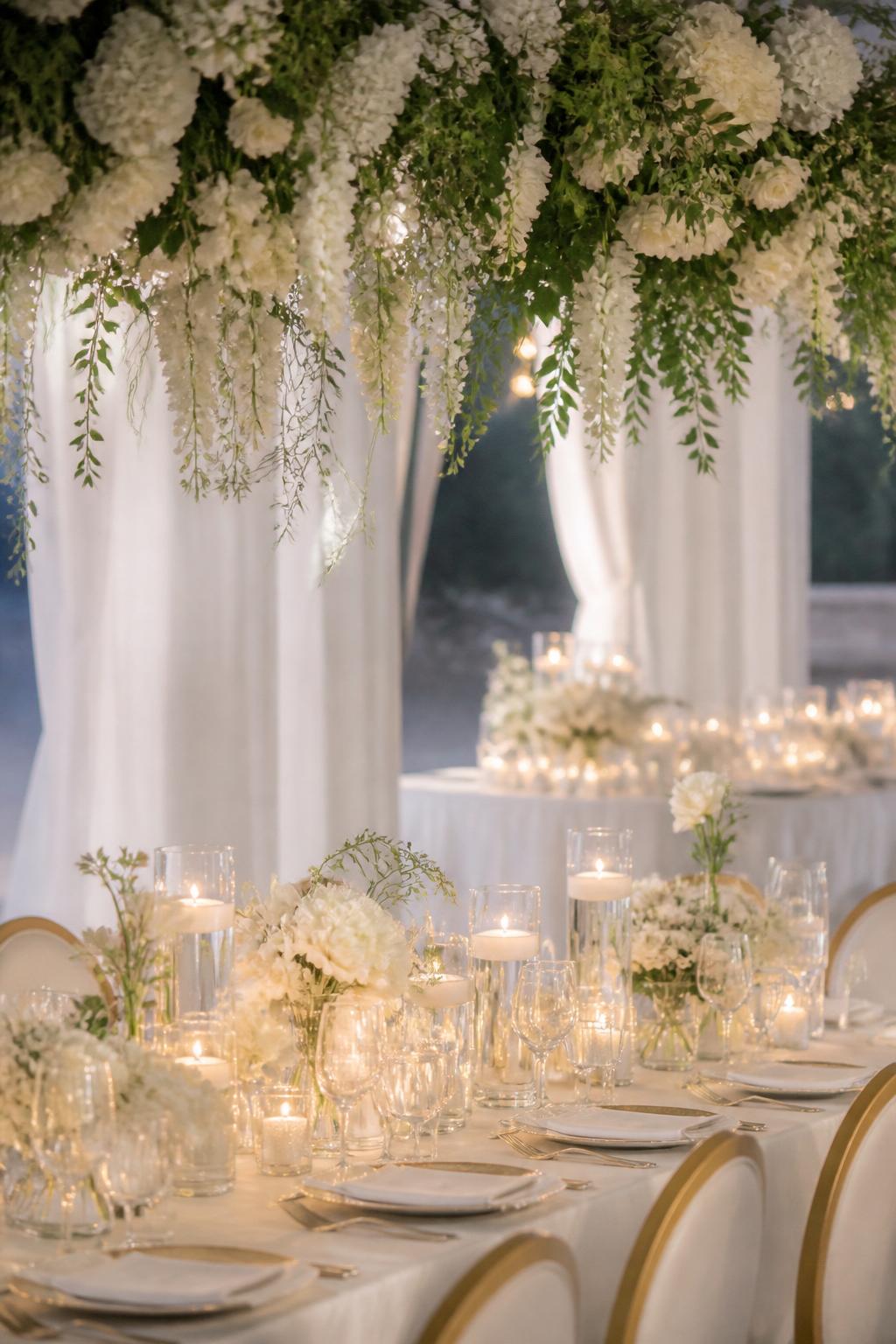 Image Prompt:
A dreamy editorial wedding reception photo showing a white wedding table below a hanging floral installation made of white blooms and soft greenery. The table below has white flowers, candles, white linen, clear glassware, and elegant place settings. Romantic reception space, no visible faces, no full people, no text, no watermark, realistic DSLR wedding photography, (no watermarks on images)