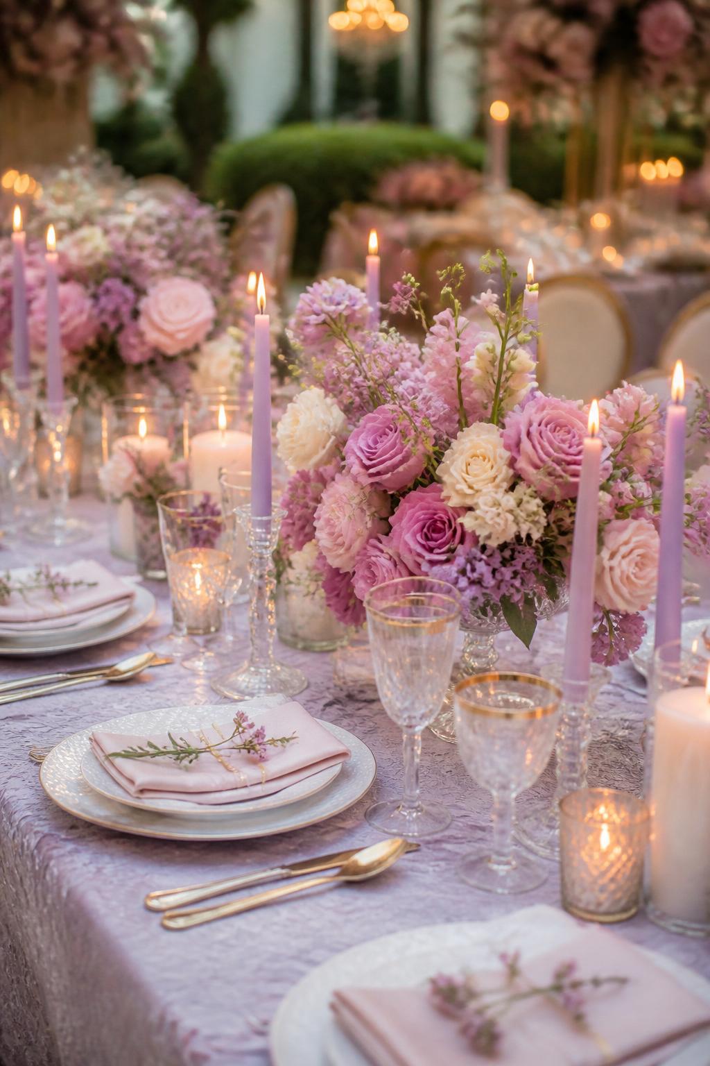 Image Prompt:
A whimsical wedding table image showing soft pink and lilac floral centerpieces, lavender taper candles, blush napkins, white plates, gold flatware, crystal glasses, and warm candlelight. Romantic garden or ballroom reception setting, no visible faces, no text, no watermark, professional DSLR wedding photography, (no watermarks on images)