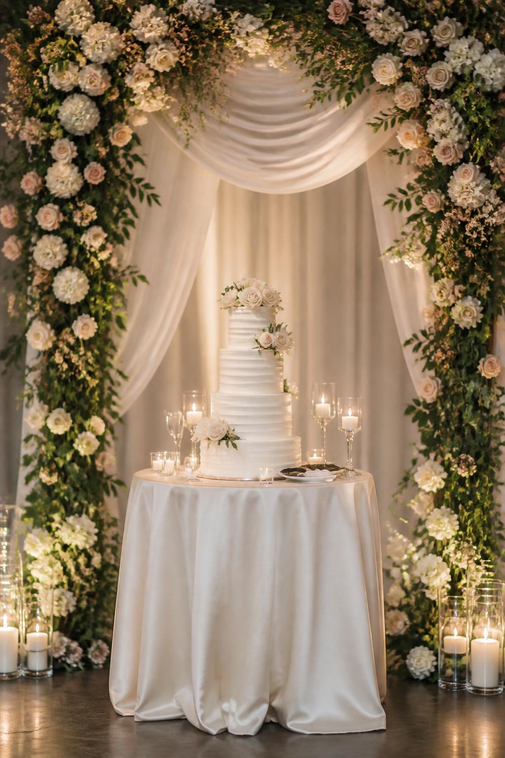 Image Prompt:
A romantic wedding cake table framed by a floral arch backdrop with white roses, blush flowers, greenery, and soft draping. The cake table has a white tiered cake, ivory linen, candles, and elegant decor. No visible faces, no full people, no text, no watermark, realistic DSLR wedding photography, (no watermarks on images)