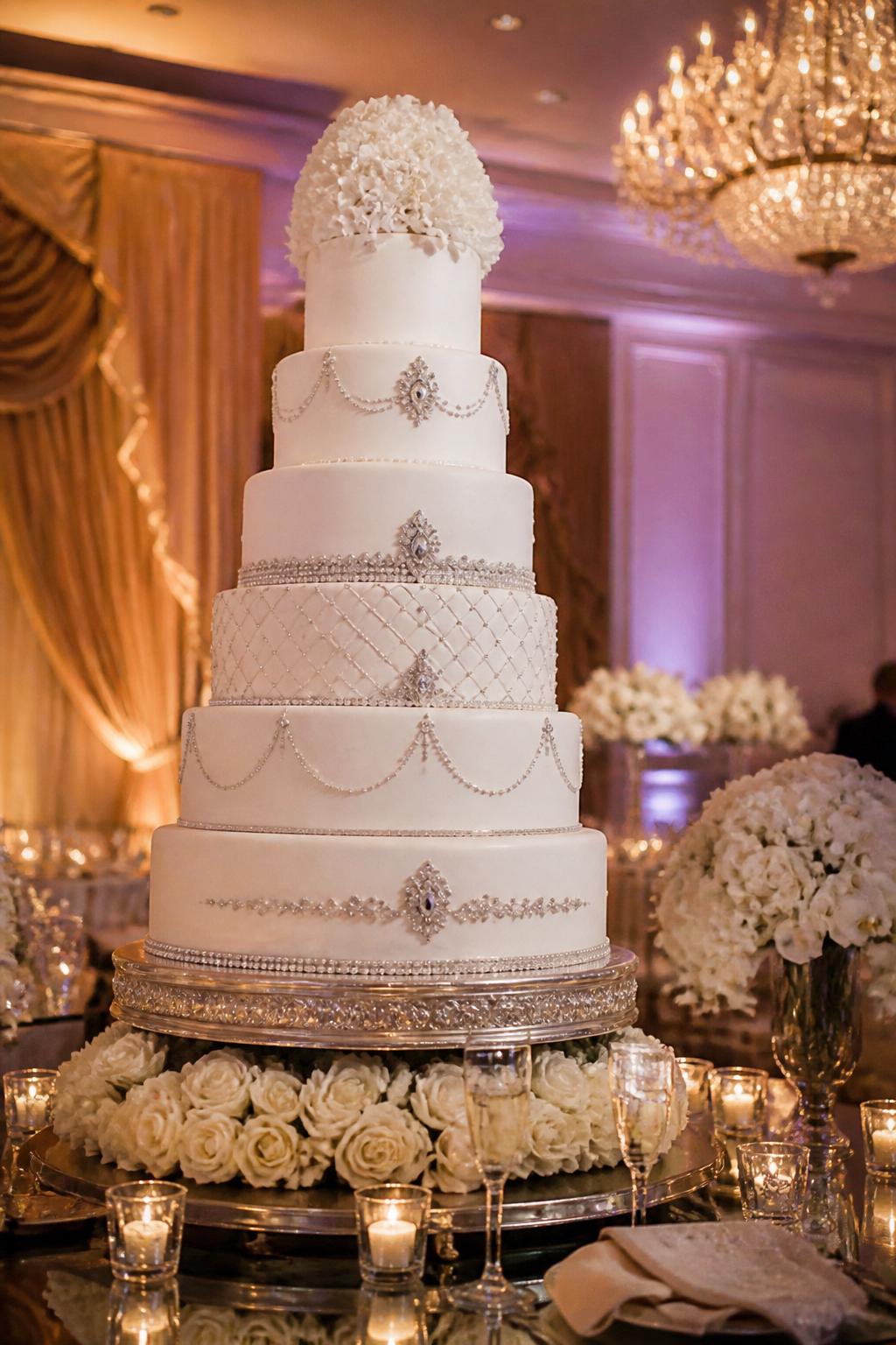 Image Prompt: Ultra-realistic wedding party scene with a tall luxury bling wedding cake featuring many elegant tiers, crystal trim, refined jeweled accents, and a glamorous formal wedding finish. Place the cake on an upscale reception cake table in a real wedding venue with floral decor, soft candlelight, elegant tablescapes, and a beautiful celebration atmosphere. Keep the cake as the main focal point. No visible faces. If people appear, show only blurred back views, side views, or cropped hands near the table. Make the cake highly detailed, realistic, and worthy of a luxury wedding editorial. DSLR realism, soft romantic lighting, ultra-detailed. (no watermarks on images)