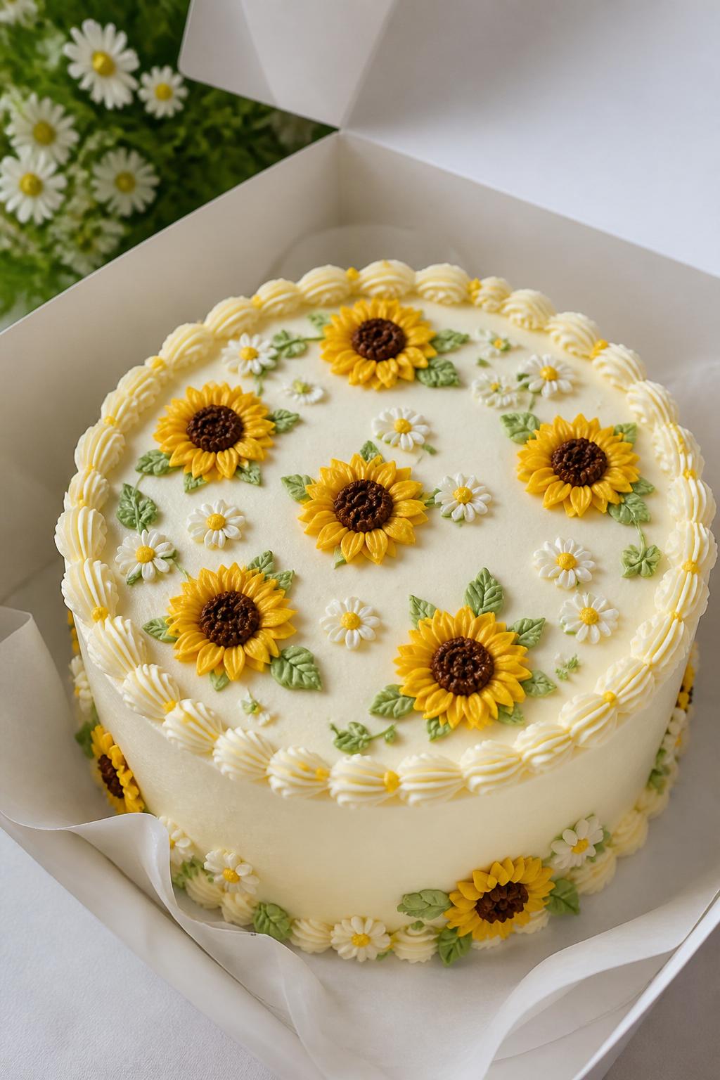 Image Prompt:
A beautiful sunflower and daisy bento cake inside an open white cake box, smooth light cream frosting, small piped sunflowers mixed with tiny white daisies, green leaf details, neat border, fresh garden-inspired bakery styling, bright natural light, realistic close-up dessert photography, no people, no hands, no faces, no watermarks on images