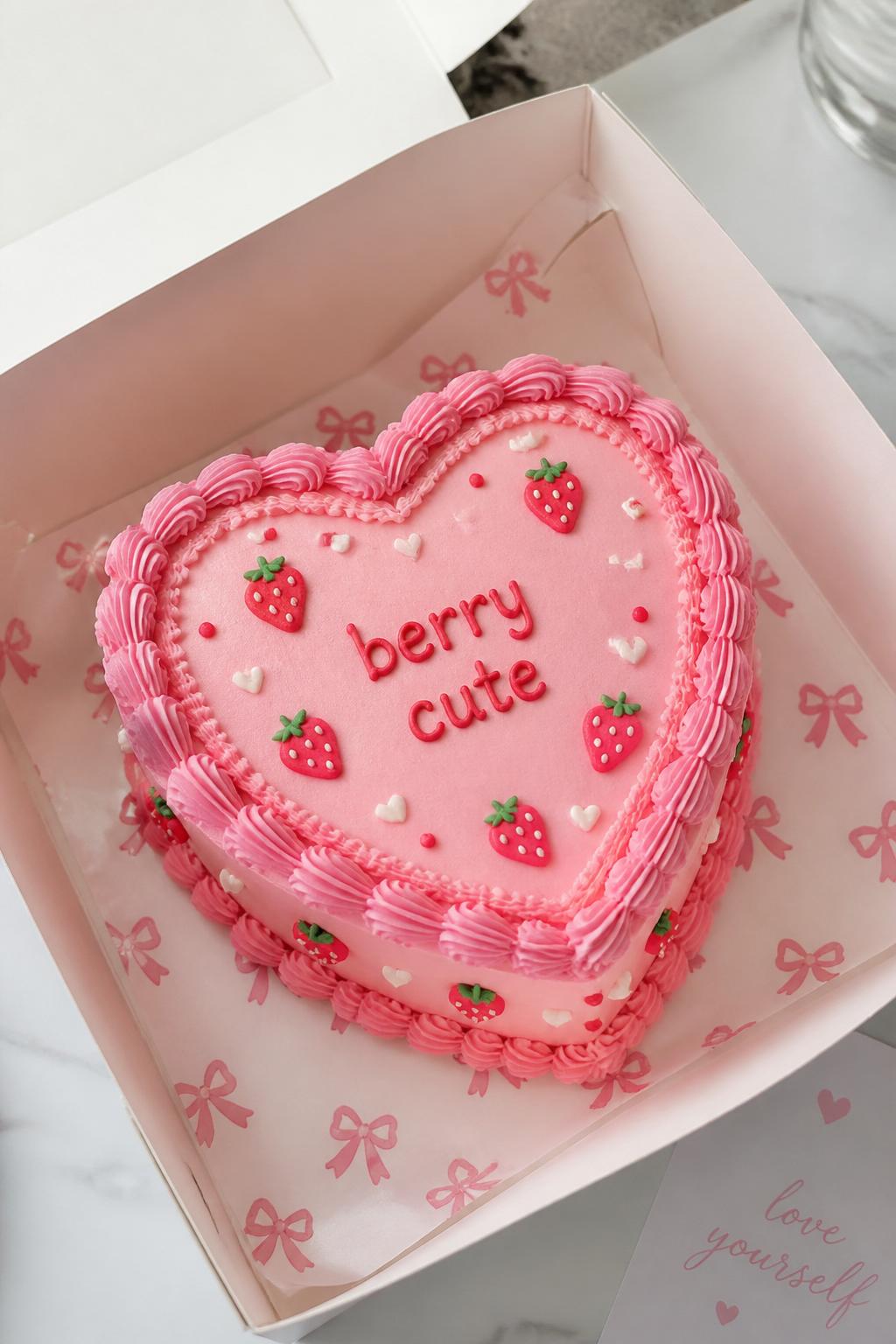 Image Prompt:
A playful strawberry themed conversation heart bento cake inside an open white bento cake box, heart shaped cake with pastel strawberry pink frosting, short handwritten icing text like “berry cute,” tiny strawberry accents, delicate piped border, fun cheerful styling, bright natural light, realistic editorial bakery photography, no people, no hands, no faces, no watermarks on images