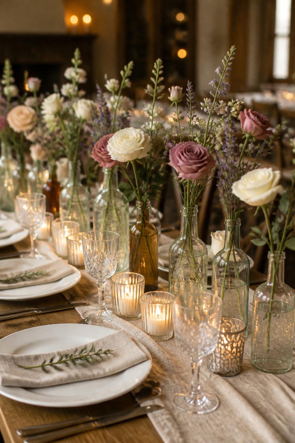 Image Prompt:
A charming wedding reception table decorated with vintage glass bottles in clear, amber, and pale green tones, each holding single flower stems in white, blush, dusty rose, and soft lavender. Add linen runner, candle votives, white plates, and crystal glasses. No visible faces, no text, no watermark, realistic editorial wedding photography, (no watermarks on images)