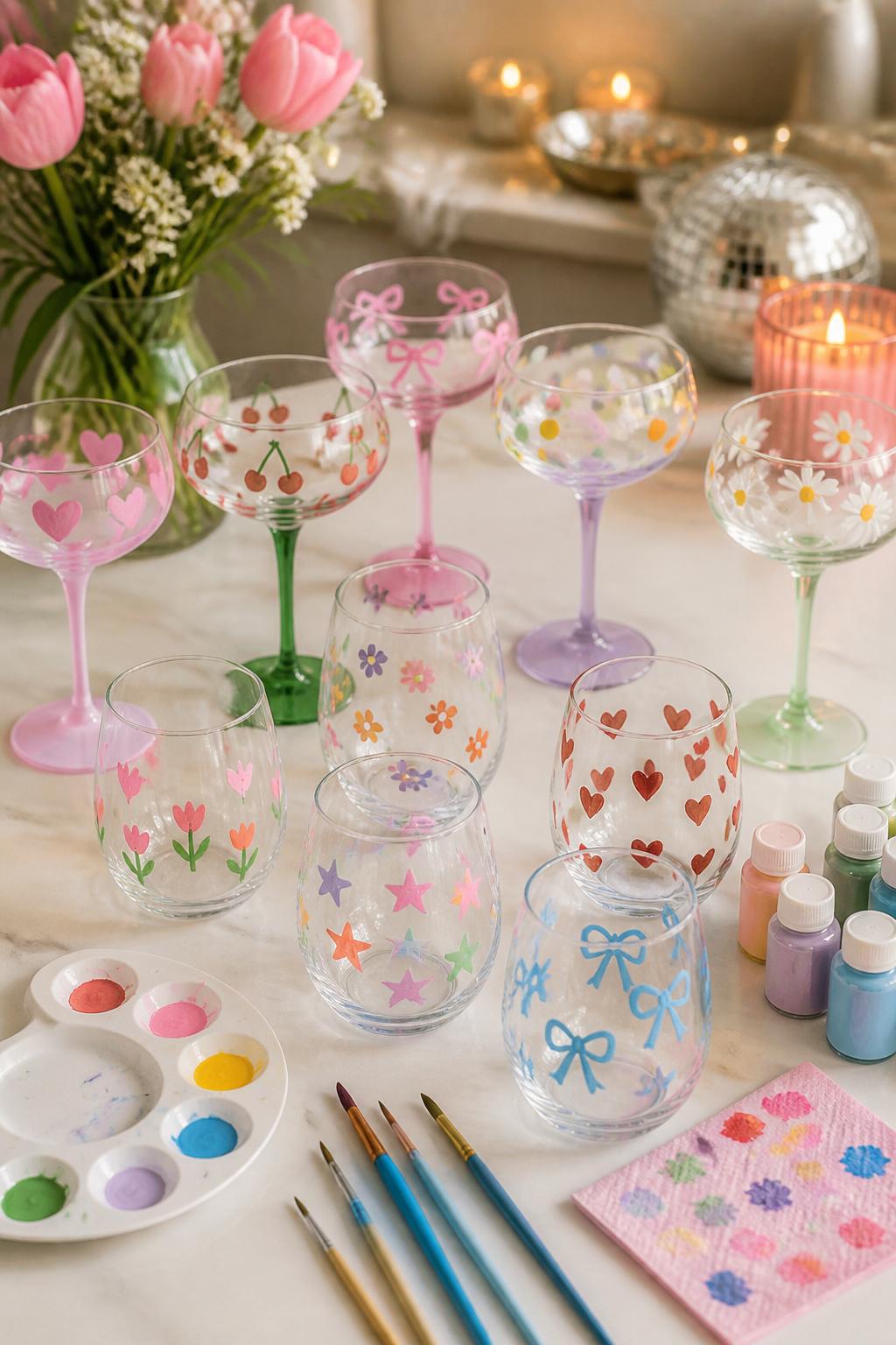 Detailed Image Prompt:
A bright girls’ night craft photo showing painted stemmed glass-style cups with cute designs, clear cups decorated with flowers, cherries, hearts, stars, bows, and colorful dots, paintbrushes and glass-safe paint nearby on a clean table, festive craft night styling, no people, no faces, no readable text, no watermark on images.