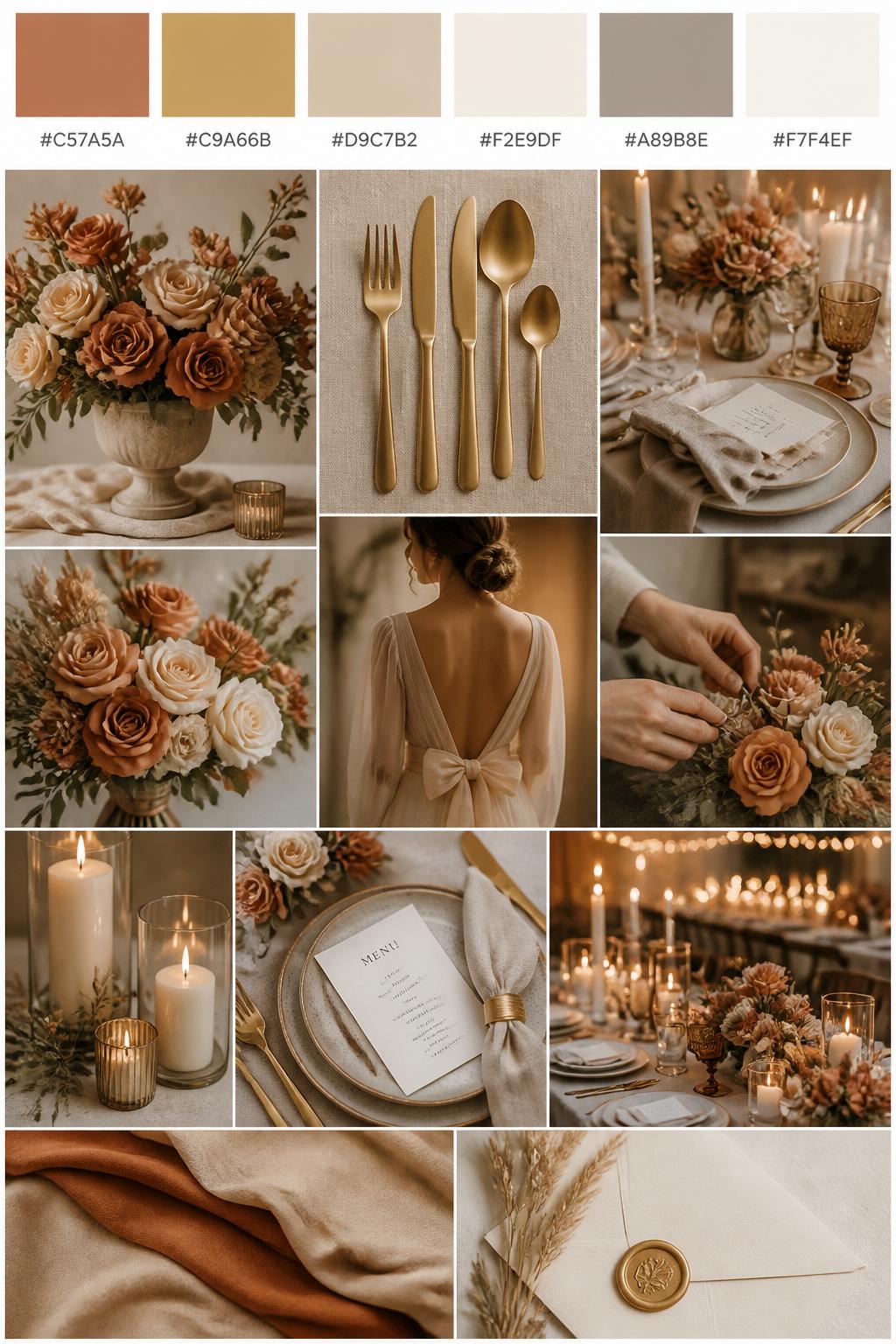A realistic wedding inspiration mood board with a top strip of swatches and hex codes in soft terracotta, antique gold, beige, cream, warm taupe, and ivory. Below, create a polished collage with gold flatware, terracotta florals, beige linens, candle holders, elegant table settings, a cropped dress shot from below the chin, hands arranging flowers, and candlelit reception decor. Use a mix of no-people flat lays, bouquet close-ups, back-view styling, and side-angle detail photos with no visible full faces. The mood should feel warm, elegant, and romantic with realistic DSLR photo quality. 9:16 vertical format. (no watermarks on images)
