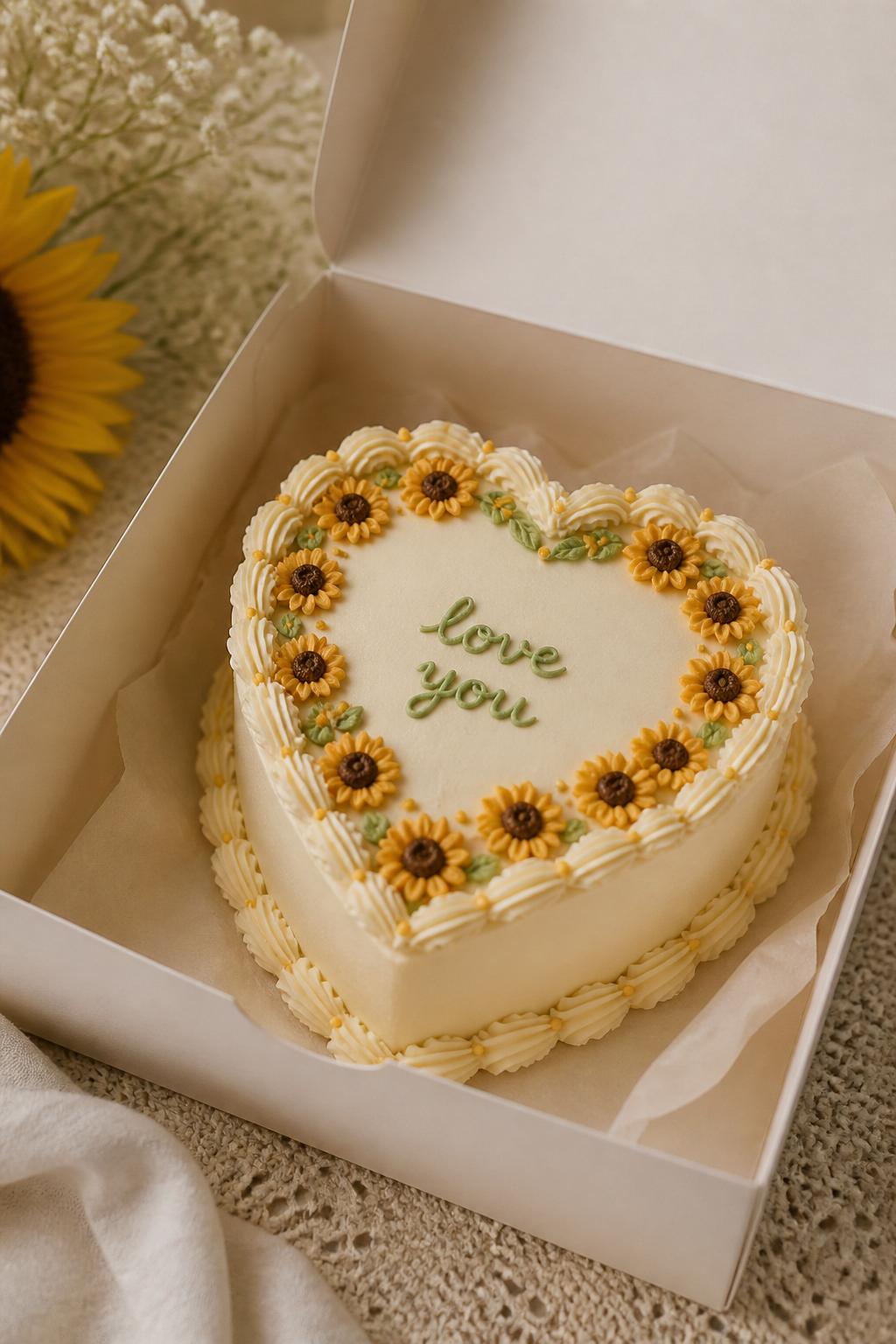 Image Prompt:
A heart shaped sunflower bento cake inside an open white bento cake box, smooth cream frosting, tiny sunflower details around the heart edge, small green leaves, delicate piped border, short icing text reading “love you,” soft romantic summer styling, realistic editorial dessert photography, no people, no hands, no faces, no watermarks on images