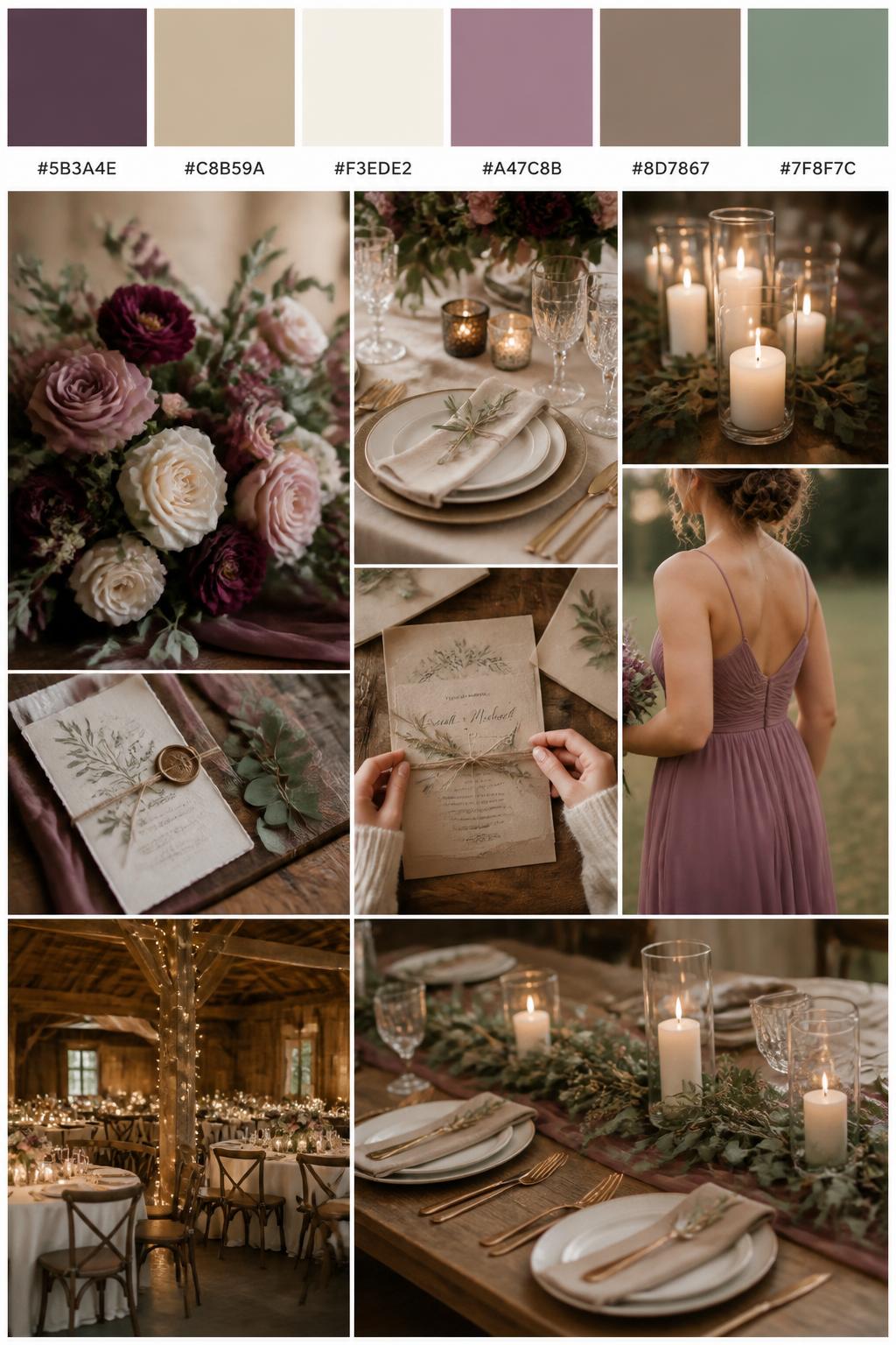 A realistic wedding color palette collage with a top row of swatches and hex codes in dusty plum, beige, ivory, mauve, warm taupe, and muted sage. Below, show realistic wedding details such as plum flowers, beige table styling, ivory candles, rustic stationery, hands tying an invitation suite, a cropped-from-neck bridesmaid dress detail, and a softly lit country reception setup with candles and wood textures. Keep all people shown from the back, side, or cropped below the face, and include some no-people decor scenes for variety. The mood should feel cozy, romantic, country, and polished with DSLR-quality realism. 9:16 vertical format. (no watermarks on images)