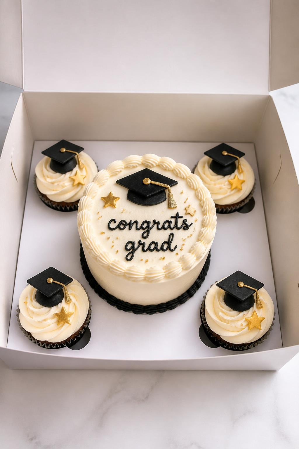 Image Prompt:
A lovely graduation bento cake with cupcakes set inside an open white bakery box, one small bento cake in the center with cream frosting, black graduation cap detail, and icing text reading “congrats grad,” surrounded by four matching cupcakes with tiny black caps, gold stars, and neat piped swirls, celebratory modern styling, realistic bakery photography, no people, no hands, no faces, no watermarks on images