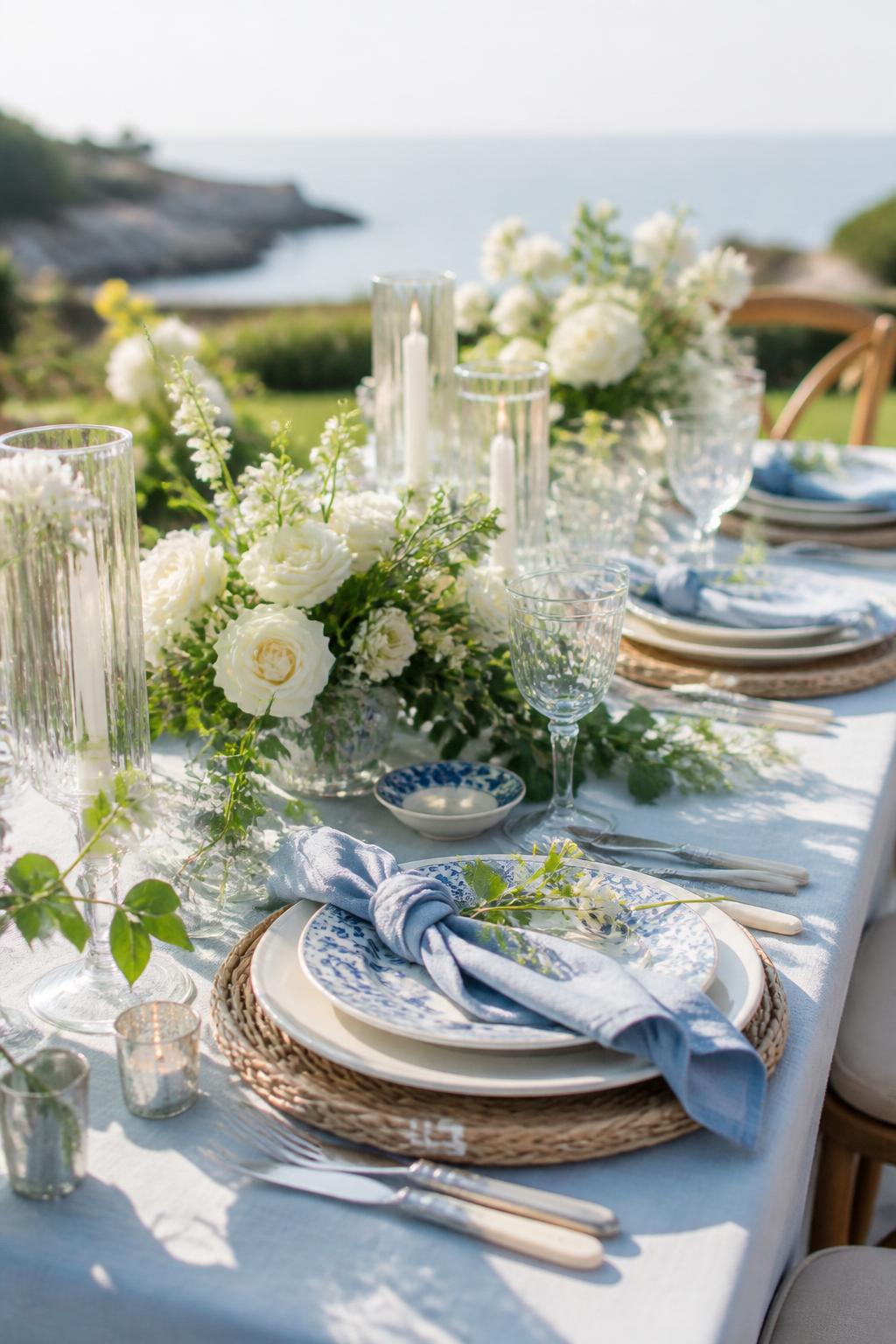 Image Prompt:
A fresh wedding picnic table styled with soft blue linen napkins, white plates, blue and white patterned dishes, small white flowers, greenery, clear glassware, and natural sunlight. Outdoor coastal or garden wedding setting, no visible faces, no text, no watermark, realistic editorial photography, (no watermarks on images)