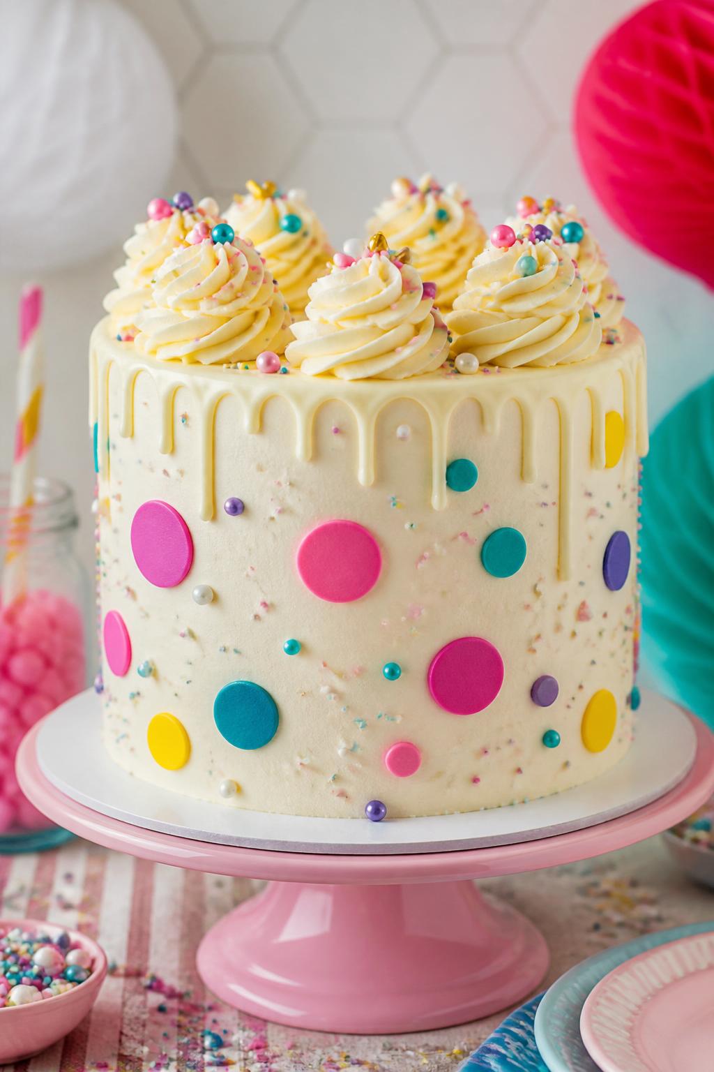 Detailed Image Prompt:
A playful polka dot drip cake with smooth buttercream sides, colorful fondant dots, a glossy white chocolate drip, swirls of buttercream on top, candy pearls, and party sprinkles, styled on a bright dessert table, realistic editorial cake photography, no people, high-detail frosting texture, no watermarks on images.