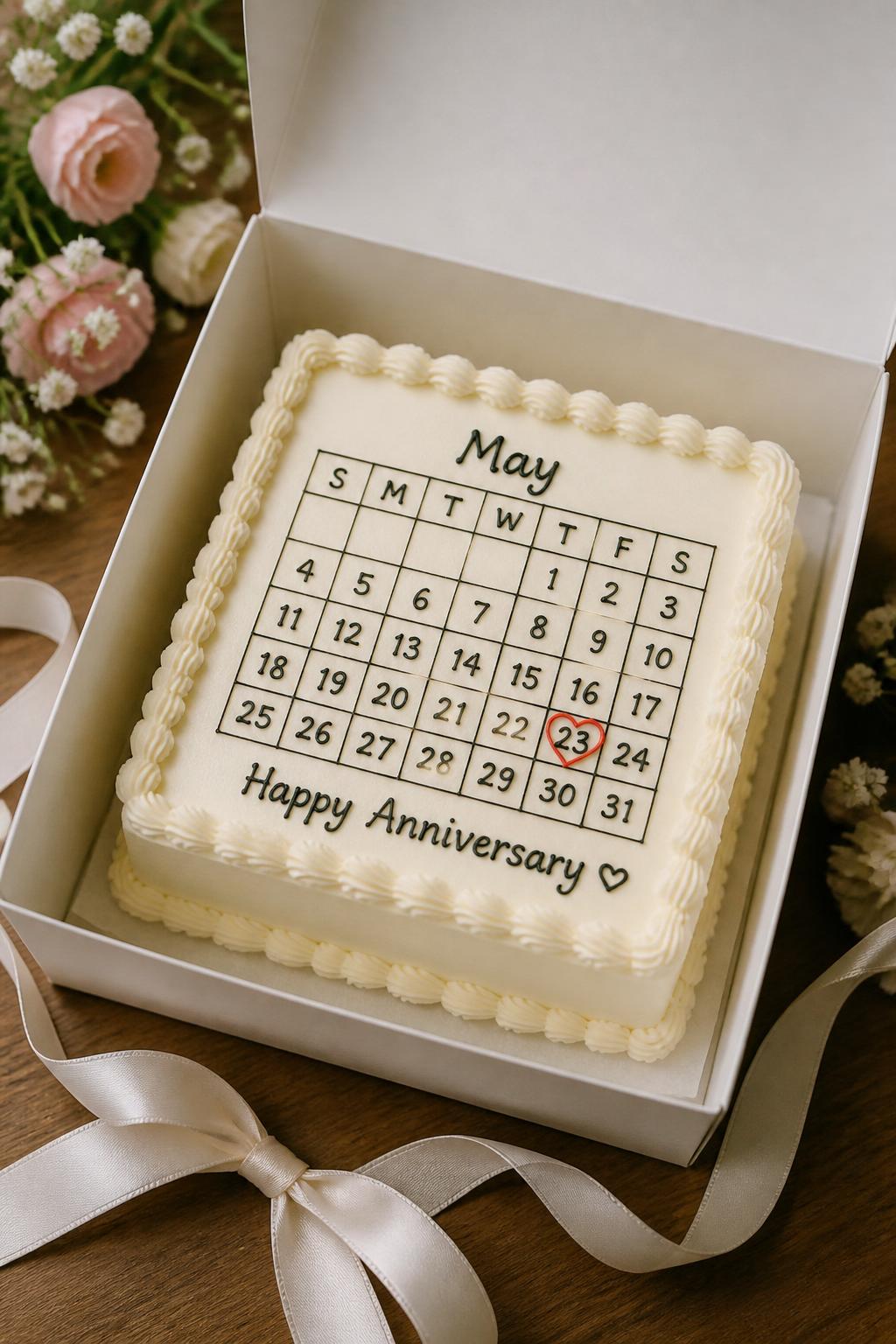 Image Prompt: A personalized bento anniversary cake designed like a tiny calendar page, with smooth white buttercream, a piped calendar grid, one marked anniversary date with a small red heart, and soft border piping. Place it in a white cake box with a satin ribbon and small flowers around it. Use realistic piped details, editorial food photo style, no people, no faces, no watermark. (no watermarks on images)