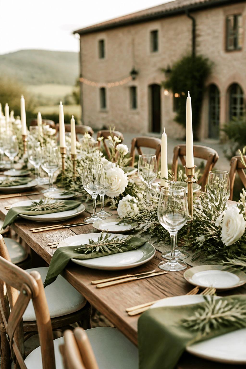 Image Prompt:
A warm Italian wedding table photo showing a rustic wooden table with olive green linen napkins, white plates, clear wine glasses, gold flatware, olive branches, white flowers, and ivory candles. Countryside villa or vineyard reception setting, no visible faces, no text, no watermark, realistic DSLR wedding photography, (no watermarks on images)