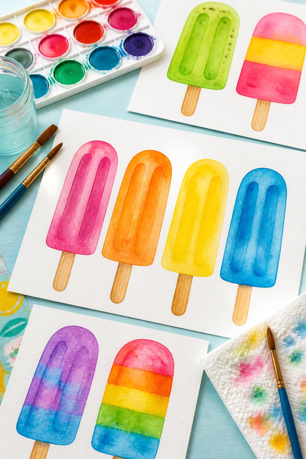 Detailed Image Prompt:
A bright editorial-style kids’ art photo showing watercolor popsicle paintings on thick white paper, colorful popsicle shapes in pink, orange, yellow, blue, and green, soft blended paint edges, wooden craft stick details drawn at the bottom, watercolor paint palette, brushes, and water cup nearby, clean summer craft table, cheerful colorful art style, no people, no faces, no readable text, no watermark on images.