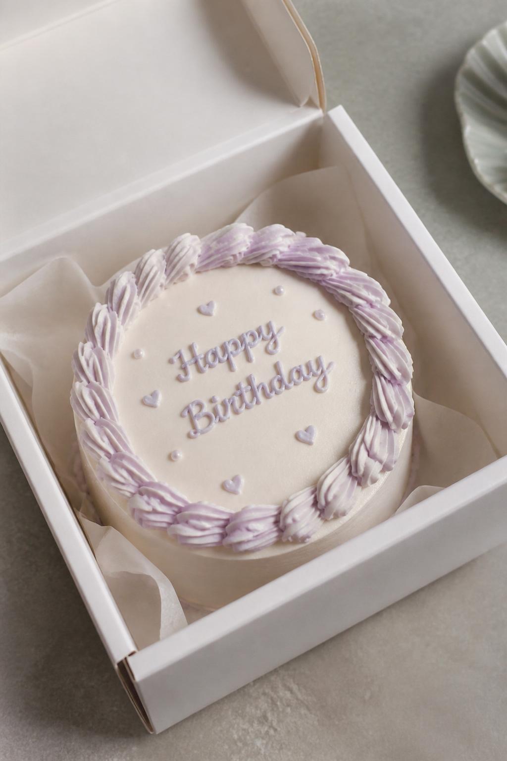 Image Prompt:
A small round bento birthday cake with smooth cream frosting, elegant ribbon-like piped border in soft lavender icing, centered birthday message, tiny heart details, open white cake box, clean soft styling, realistic DSLR dessert photography, no people, no hands, no faces, no watermarks on images