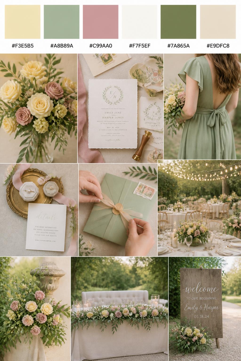 A realistic wedding color palette collage with a top row of swatches and hex codes in buttercream yellow, sage green, dusty rose, ivory, muted olive, and soft beige. Below, show realistic wedding details such as yellow flowers, dusty rose blooms, sage greenery, elegant stationery, hands tying an invitation suite, a cropped-from-neck bridesmaid dress detail, and a softly lit garden reception setup. Keep all people shown from the back, side, or cropped below the face, and include some no-people decor scenes for variety. The mood should feel soft, romantic, fresh, and wedding-ready with DSLR-quality realism. 9:16 vertical format. (no watermarks on images)