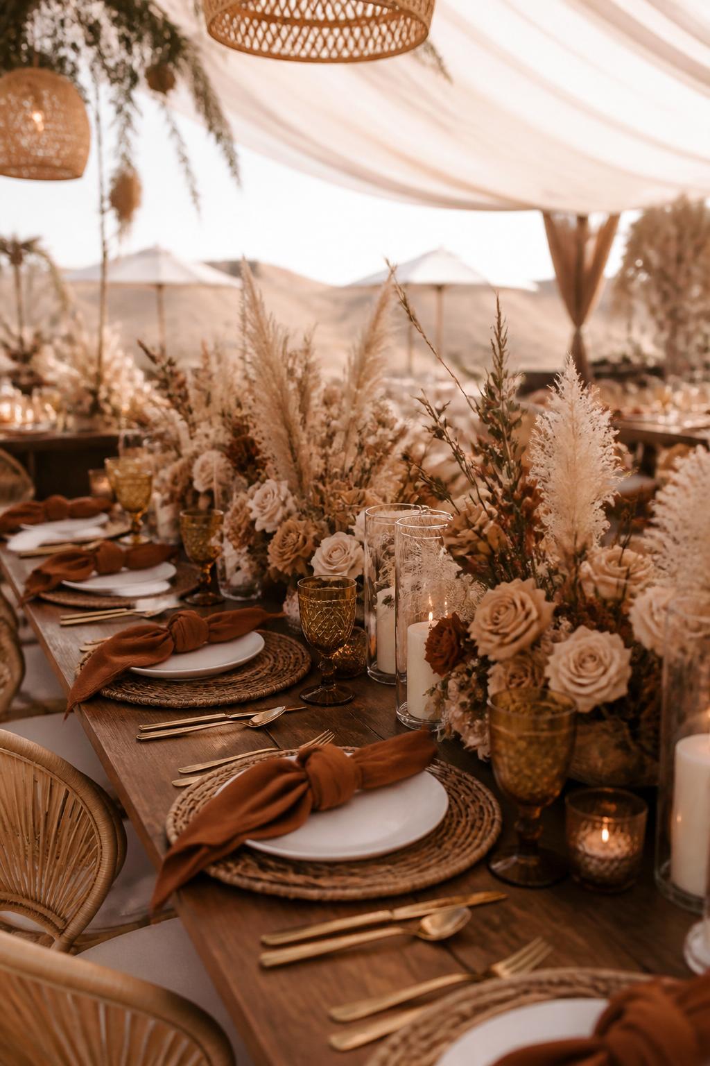 Image Prompt:
A chic boho wedding table decorated with brown and cream tones, pampas grass, dried flowers, beige roses, rattan chargers, brown linen napkins, amber glassware, white plates, and soft candlelight. Outdoor tented or desert-inspired reception setting, no visible faces, no text, no watermark, realistic editorial wedding photography, (no watermarks on images)