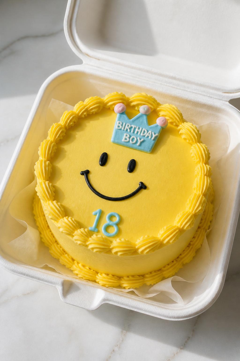 Image Prompt:
A playful 18th birthday bento cake inside an open white cake box, bright yellow frosting, simple smiley face design wearing a tiny birthday crown, small icing number “18,” neat piped border, cheerful modern dessert styling, bright natural light, realistic close-up bakery photography, no people, no hands, no faces, no watermarks on images