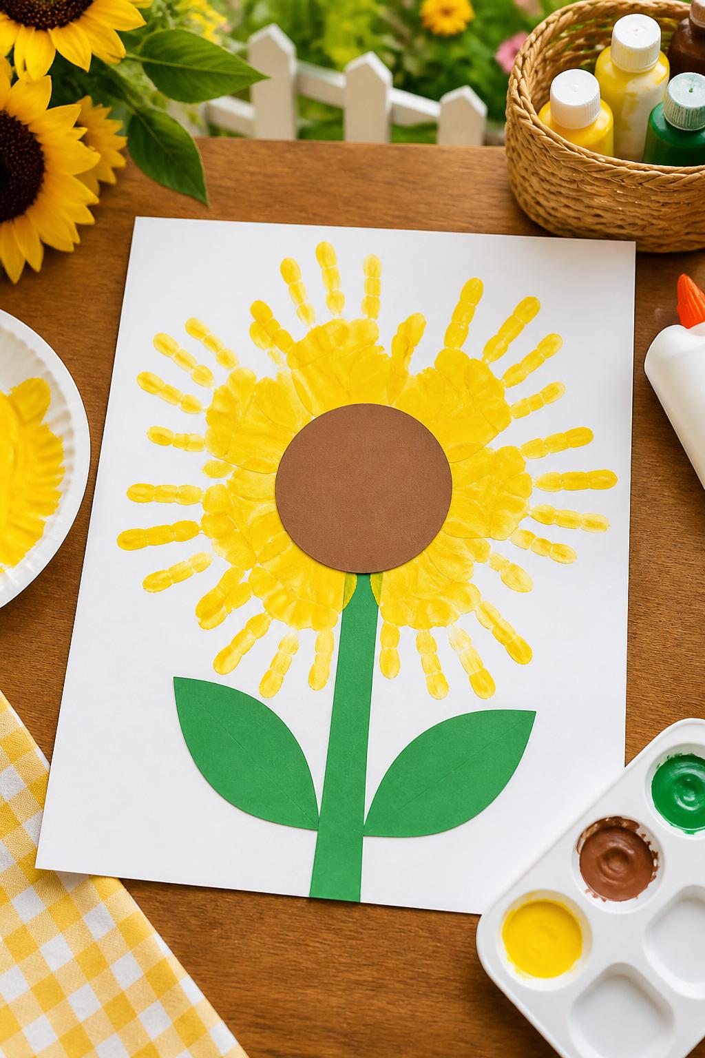 Detailed Image Prompt:
A sweet summer garden craft photo showing handprint sunflower art, yellow painted handprints arranged in a circle as sunflower petals, brown paper circle center, green paper stem and leaves, placed on white cardstock with washable paint and glue supplies nearby, bright garden-inspired craft table, no people, no faces, no readable text, no watermark on images.