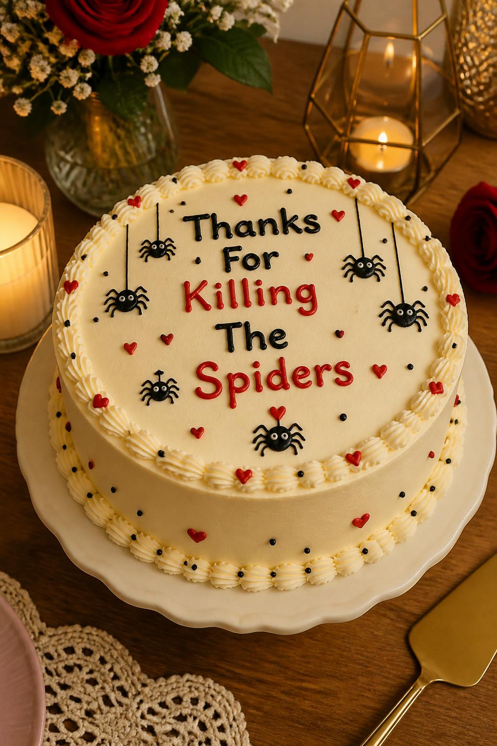 Image Prompt: A funny couple anniversary cake with smooth ivory buttercream, playful piped lettering that says “Thanks For Killing The Spiders,” tiny cute spider doodle-style decorations, small hearts, and soft black and red piping. Style it on a cozy dessert table with candles, flowers, and warm home lighting. Make it playful, cute, and realistic, no people, no faces, no watermark. (no watermarks on images)