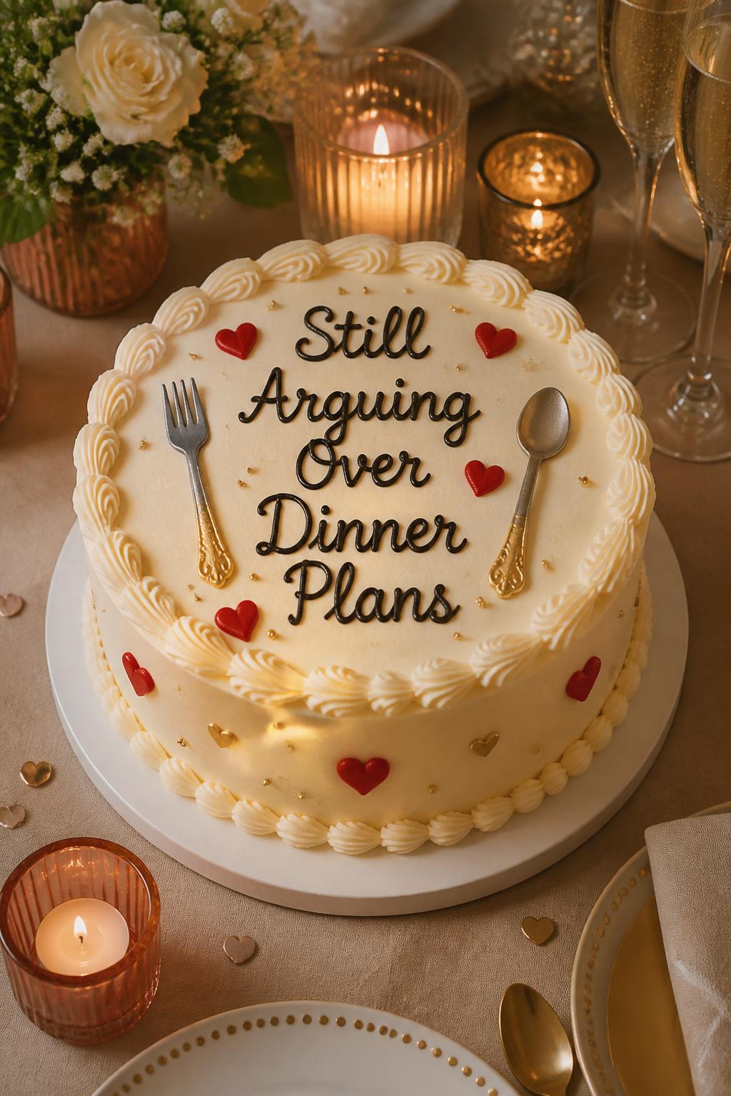 Image Prompt: A funny couple anniversary cake with smooth ivory buttercream, piped lettering that says “Still Arguing Over Dinner Plans,” tiny fork and spoon details, red hearts, and soft gold accents. Style it on a casual dinner-party dessert table with candles, plates, flowers, and champagne glasses. Make it witty, cute, and realistic, no people, no faces, no text overlay, no watermark. (no watermarks on images)