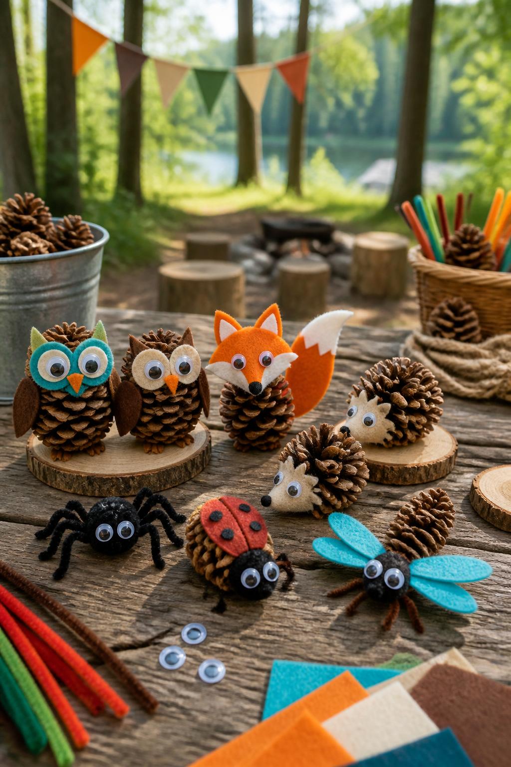 Detailed Image Prompt:
A fun woodland summer camp craft photo showing pinecone camp critters, pinecones turned into foxes, owls, hedgehogs, and bugs with felt ears, googly eyes, pipe cleaner legs, and paper wings, arranged on a rustic picnic table with craft supplies nearby, forest camp style, bright natural light, no people, no faces, no readable text, no watermark on images.