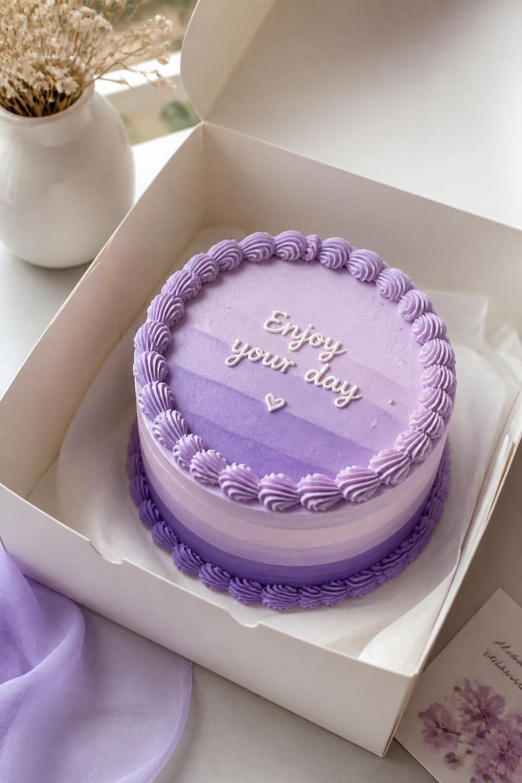 Image Prompt:
A pretty ombre purple bento cake in an open white cake box, buttercream frosting that fades from pale lavender to deeper violet, neat piped border, soft elegant styling, clean dessert setup, natural window light, realistic editorial food photography, no people, no hands, no faces, (no watermarks on images)