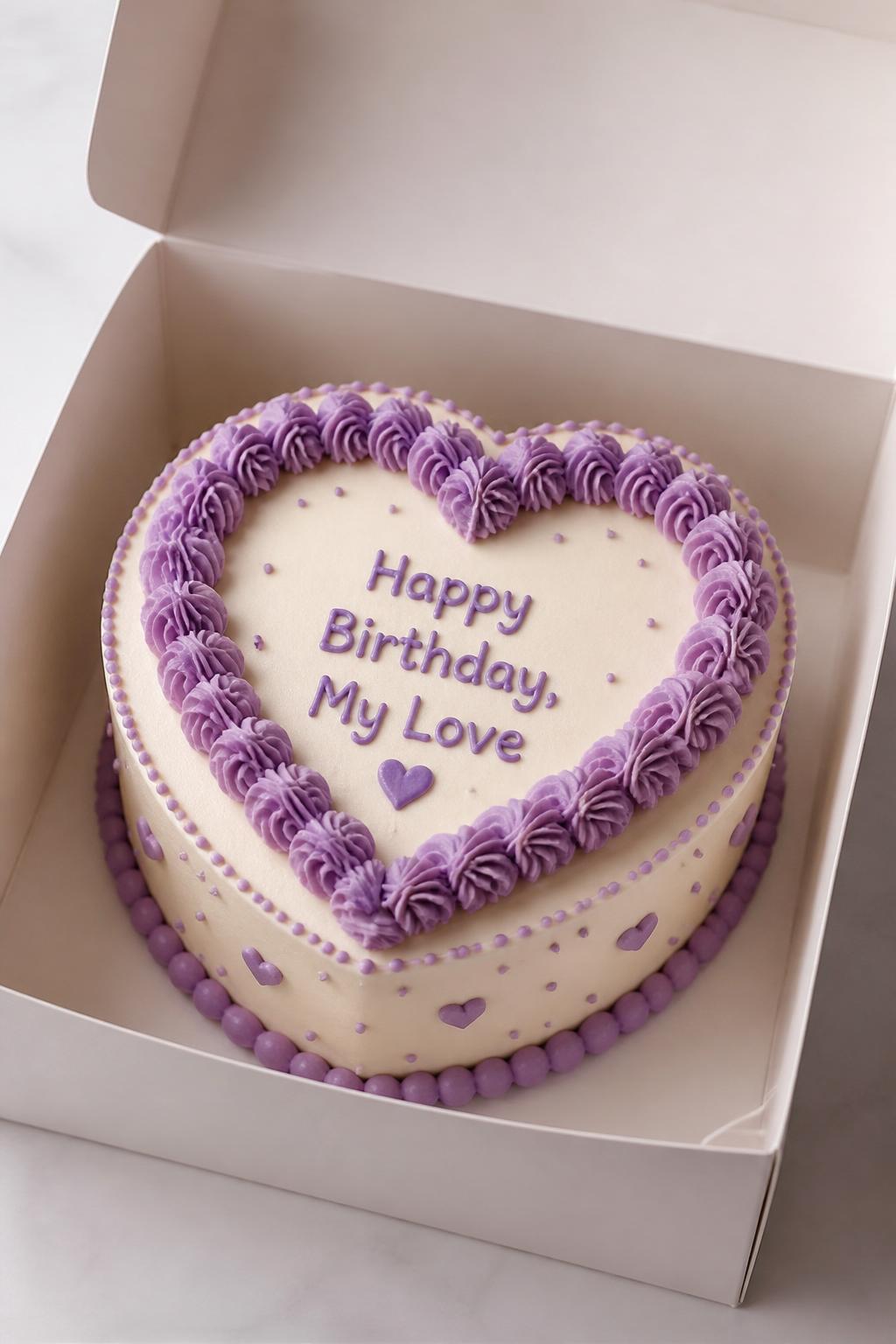 Image Prompt:
A cute purple heart frame bento cake inside an open white cake box, smooth cream and lavender frosting, a piped purple heart frame around the center, neat message inside the heart, tiny dot border, soft romantic styling, realistic dessert photography, no people, no hands, no faces, (no watermarks on images)