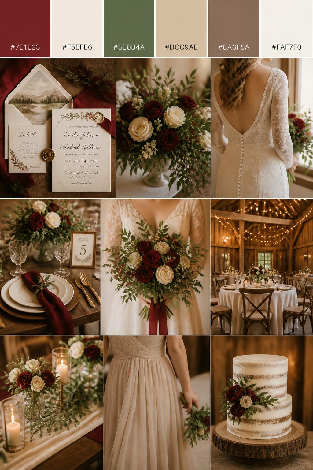 A realistic wedding inspiration collage with a top color strip showing hex-coded swatches in barn red, cream, natural green, warm beige, soft brown, and ivory. Below the palette strip, create a realistic wedding mood board with red floral accents, cream linens, green foliage, invitation flat lays, cropped dress detail shots, hands holding a bouquet, and no-people decor scenes in warm country light with barn wood textures. Use back views, side views, shoulder-down crops, and detail-only shots so no full faces are visible. The mood should feel classic, warm, country, and romantic with DSLR-style realism. 9:16 vertical format. (no watermarks on images)