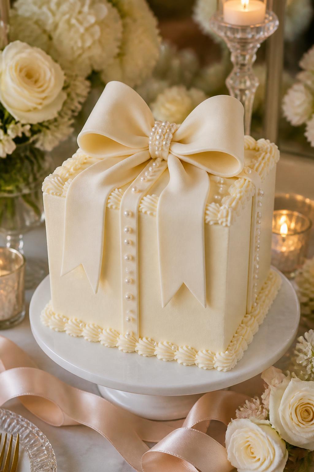 Image Prompt: A romantic anniversary cake with smooth ivory buttercream, a large soft fondant bow, pearl accents, and delicate piped borders. Place it on a feminine dessert table with satin ribbon, white flowers, and warm candlelight. Make the cake look gift-like, elegant, and editorial, with realistic fondant and buttercream texture, no people, no faces, no text overlay, no watermark. (no watermarks on images)