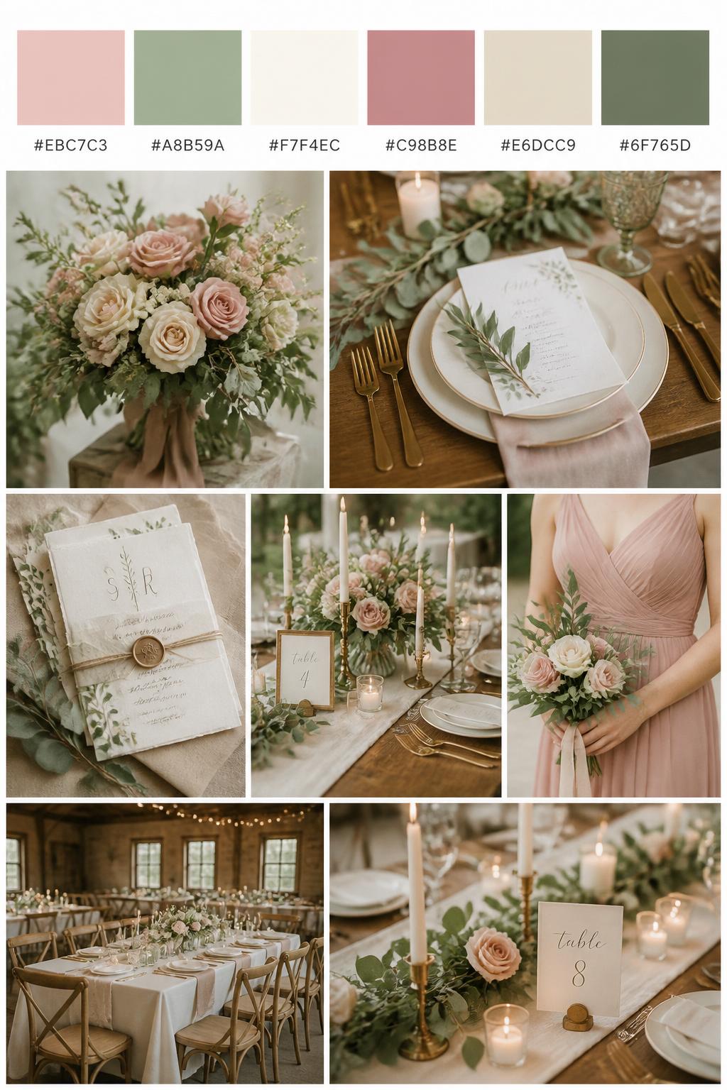 A realistic Pinterest-style wedding palette board with a top row of swatches and hex codes in blush pink, sage green, ivory, dusty rose, soft beige, and muted olive. Below the swatches, create a refined country wedding collage with blush roses, sage greenery, ivory table linens, wood table textures, elegant paper goods, a side-view bouquet shot, a bridesmaid dress detail cropped below the shoulders, and a no-people reception setup with soft candlelight and natural styling. Use varied no-face compositions, including hands-only details, back-view styling, side-view crops, and no-people decor scenes. DSLR photo realism, 9:16 vertical format. (no watermarks on images)